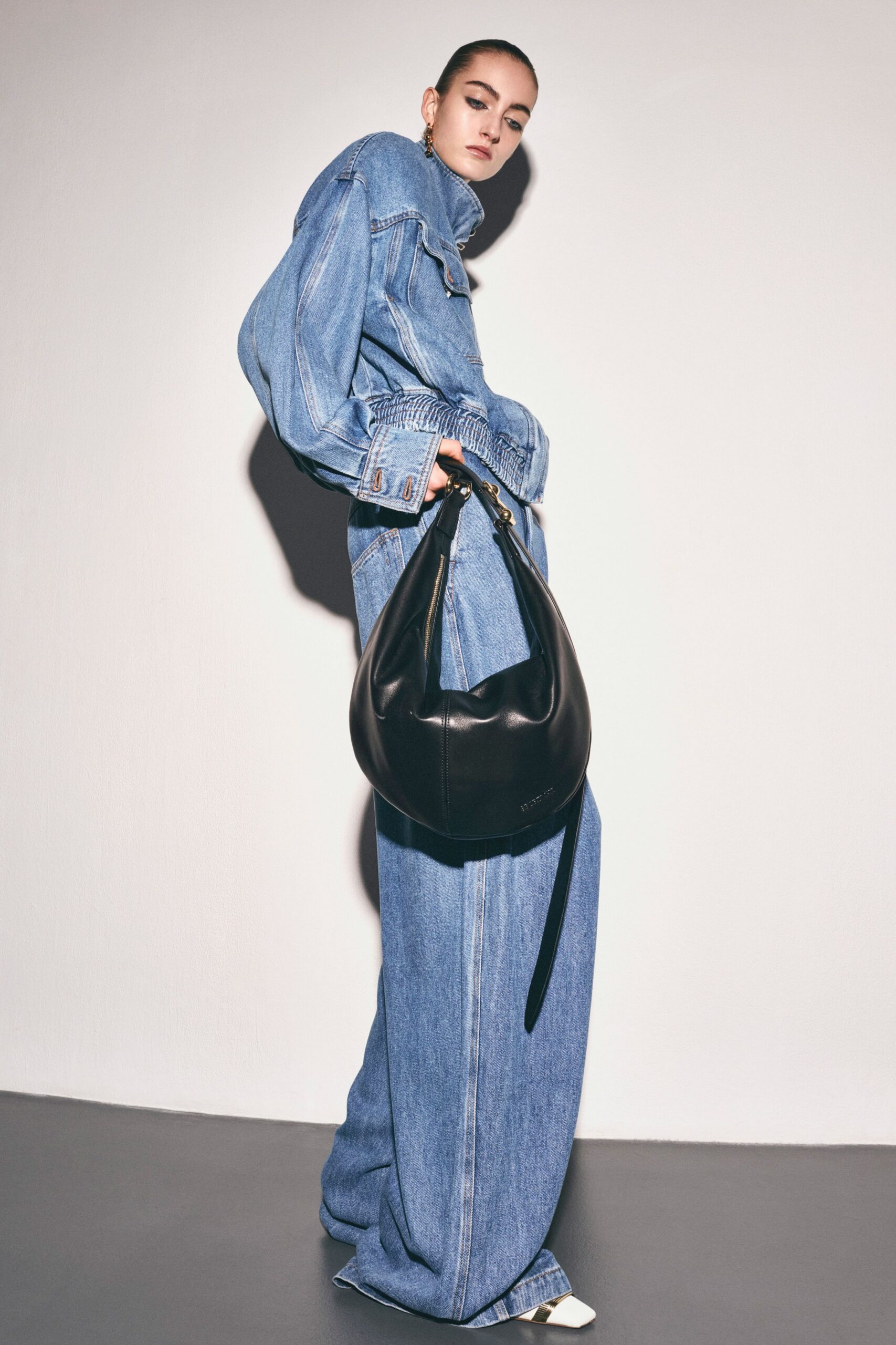 blue denim long-sleeve collared relaxed wide-leg jumpsuit