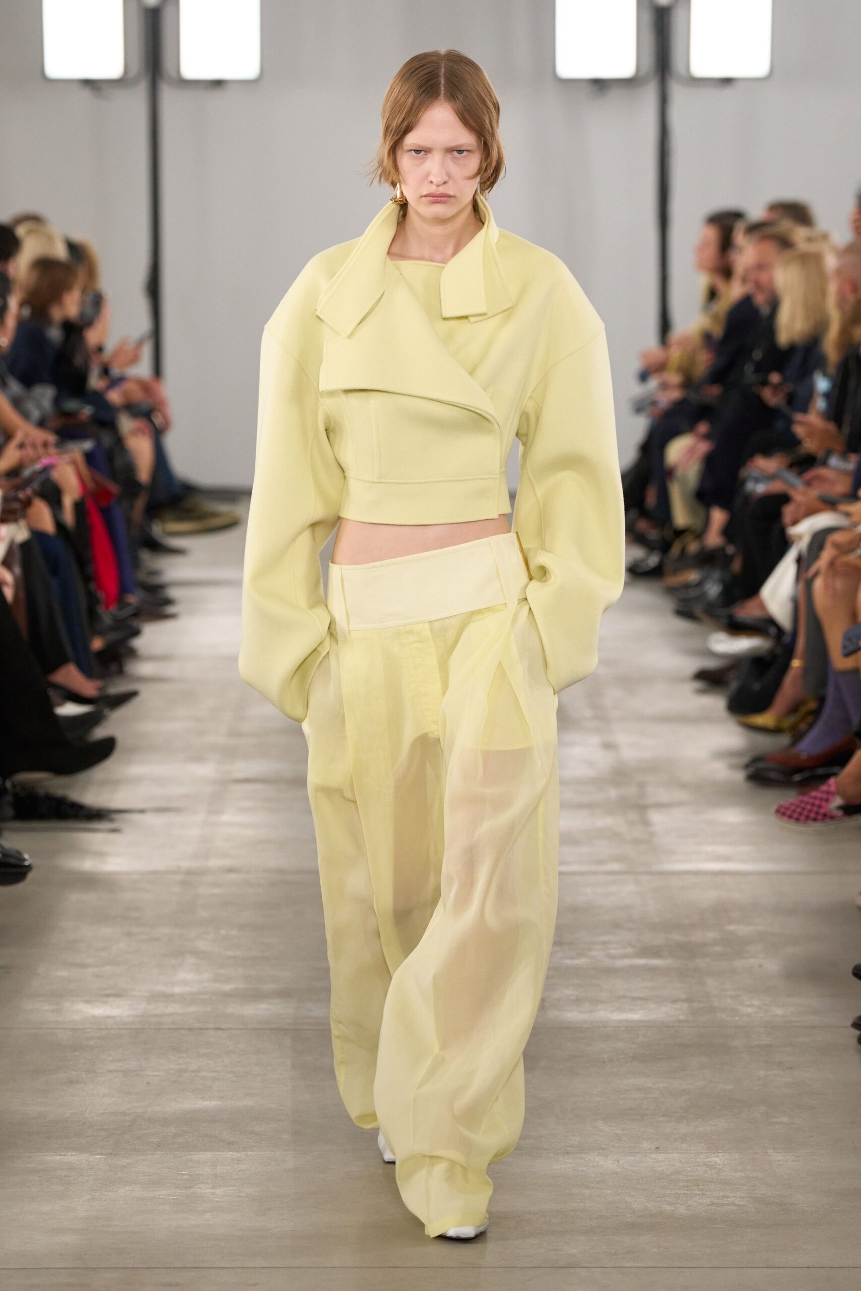 yellow cotton long-sleeve collared oversized sheer top