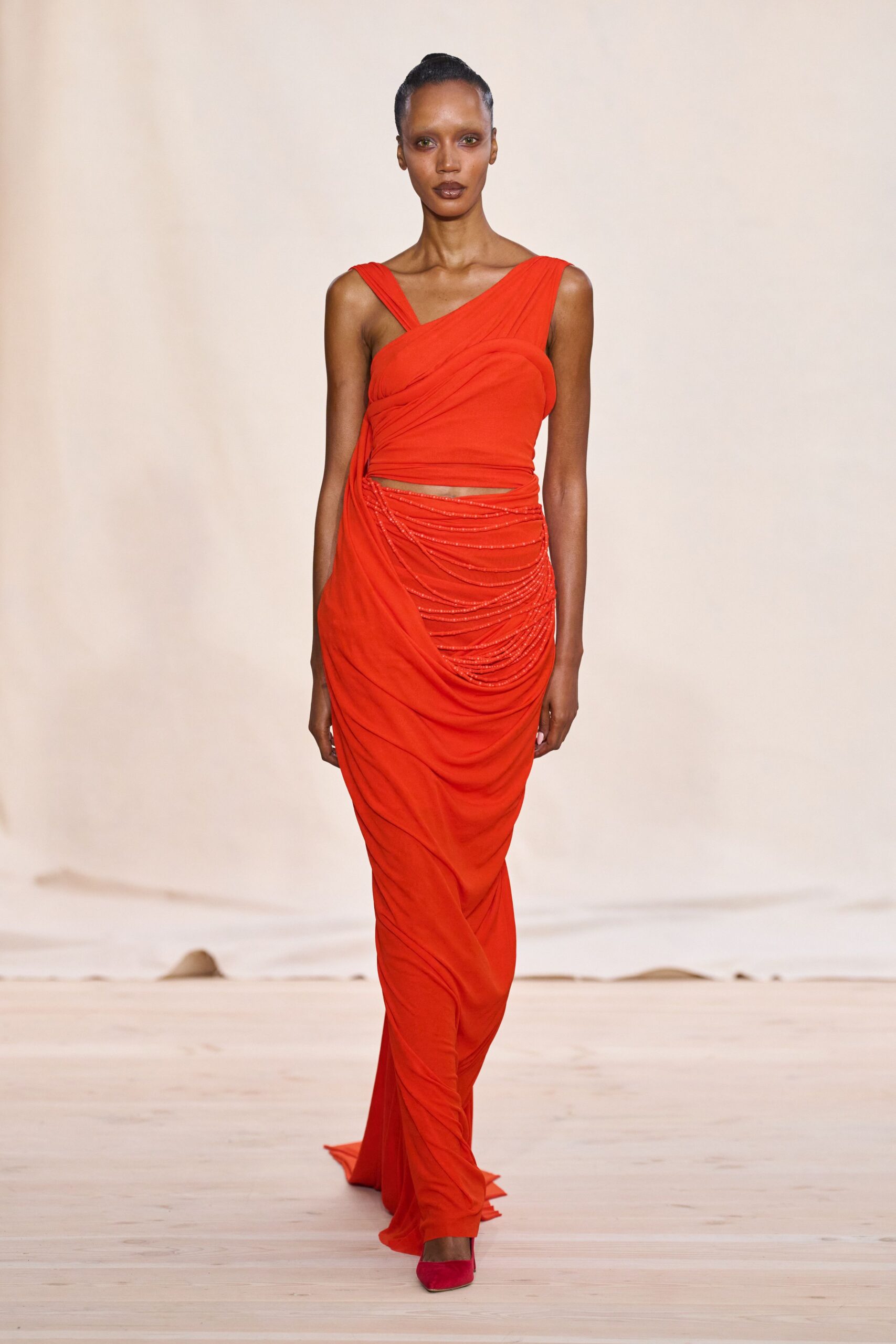 red silk sleeveless gown