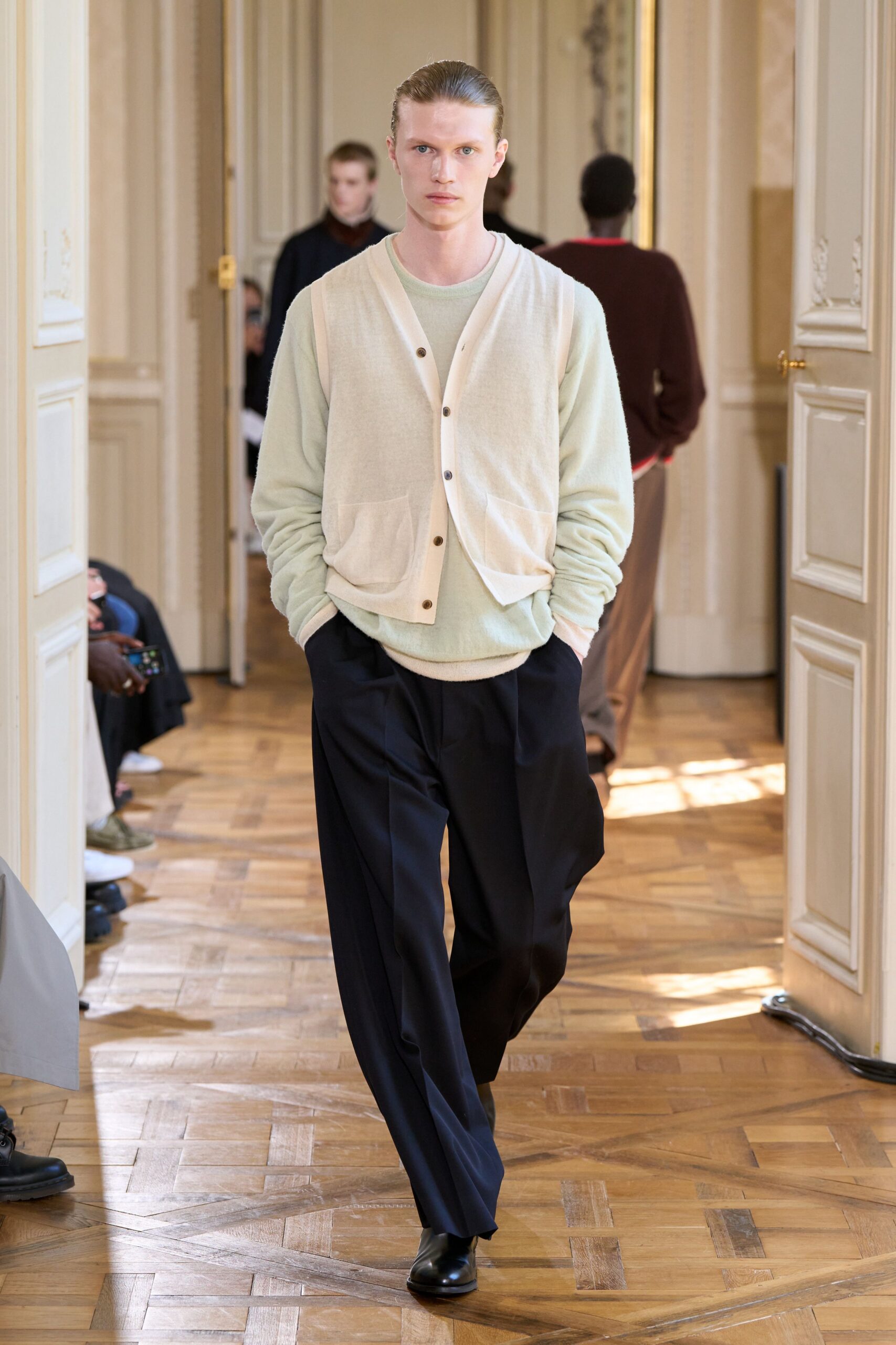 beige cardigan mint shirt black pants