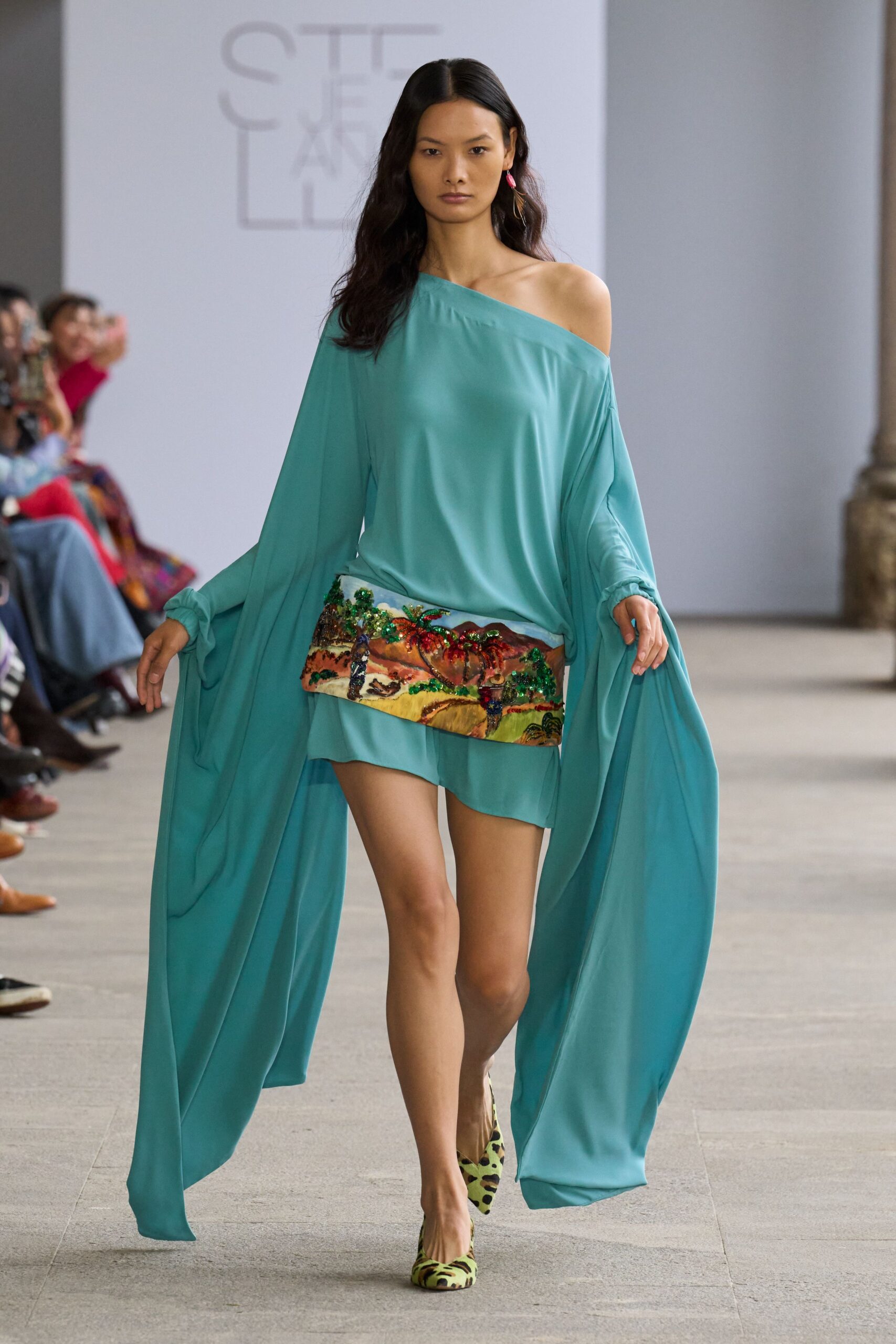teal silk long-sleeve off-shoulder relaxed draped flowing top
