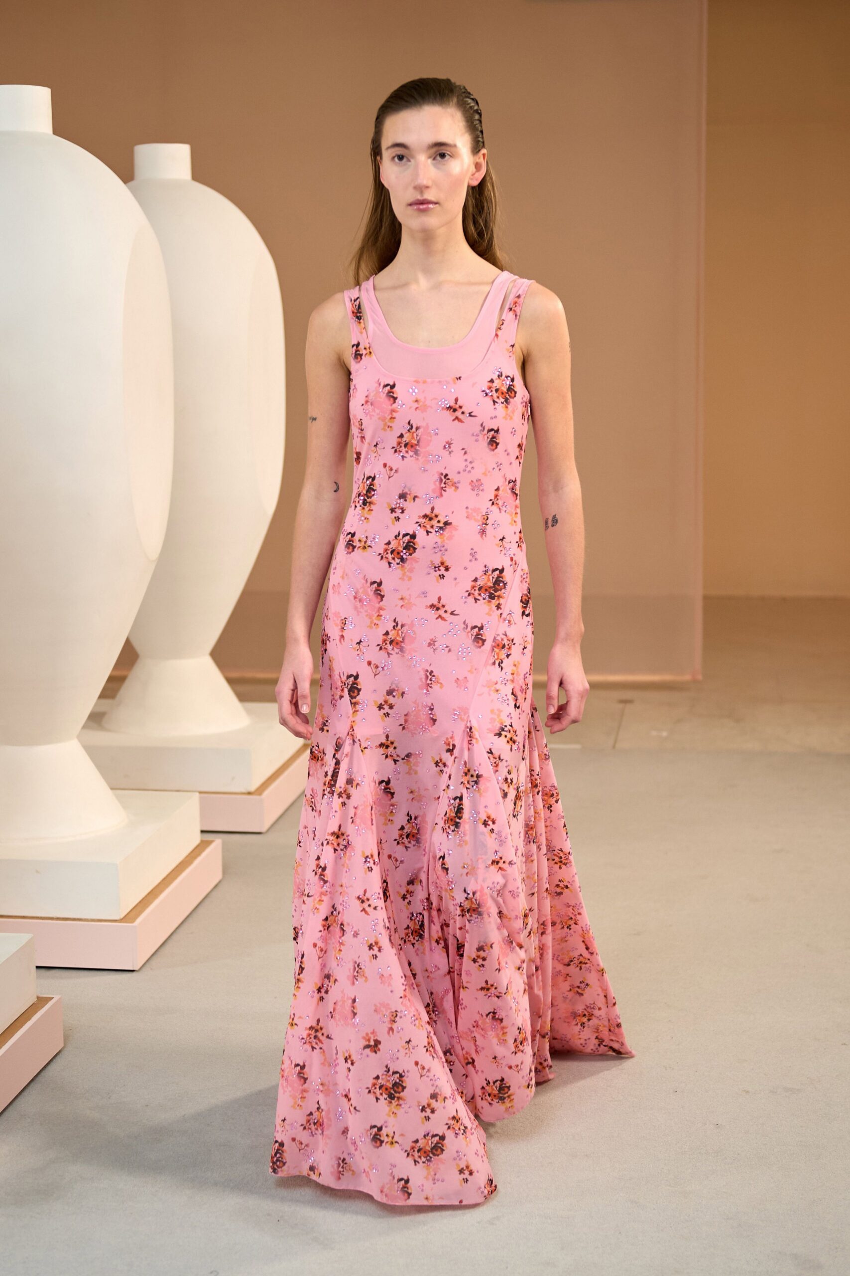 pink floral sleeveless gown
