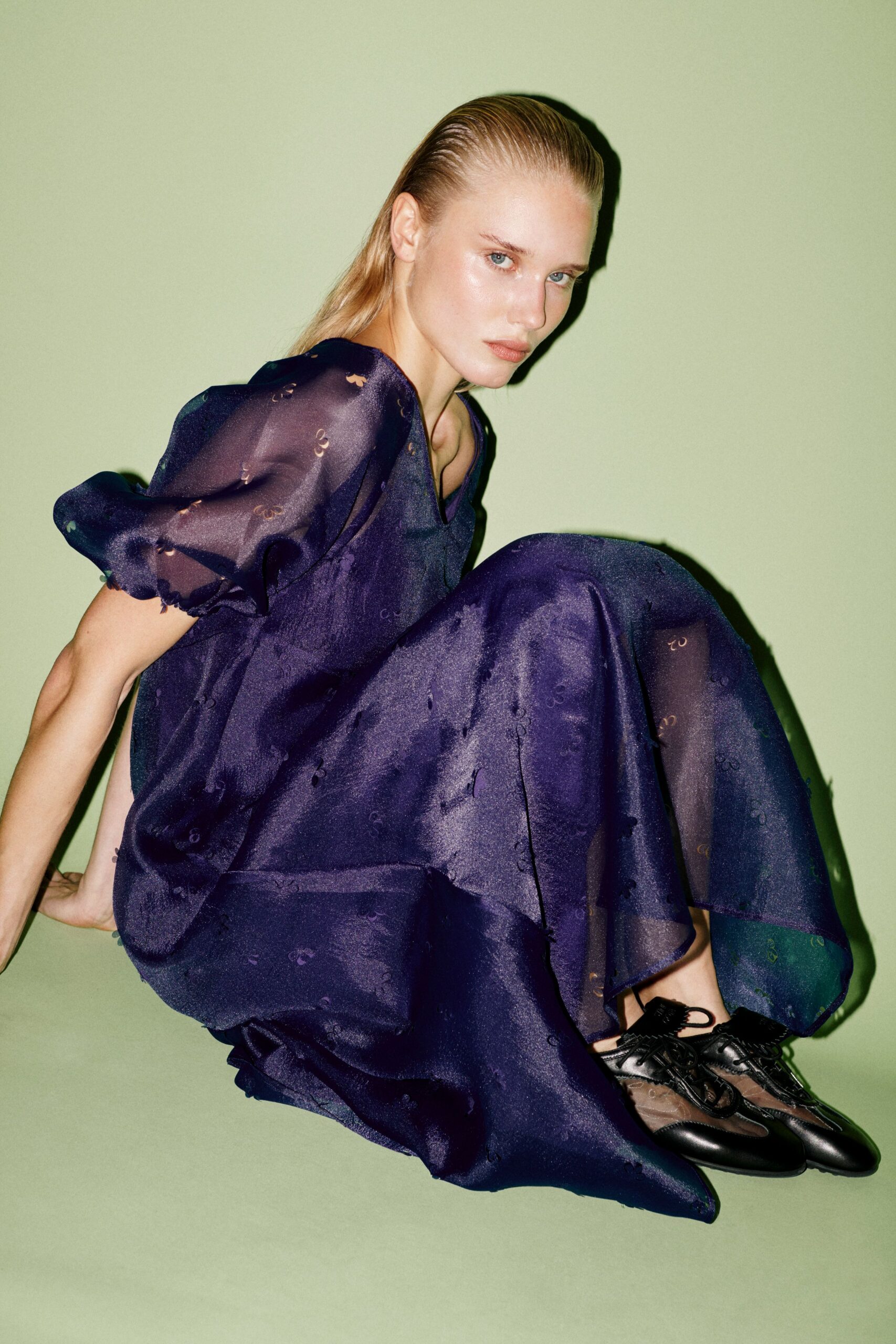 blue silk short-sleeve v-neck relaxed draped sheer dress