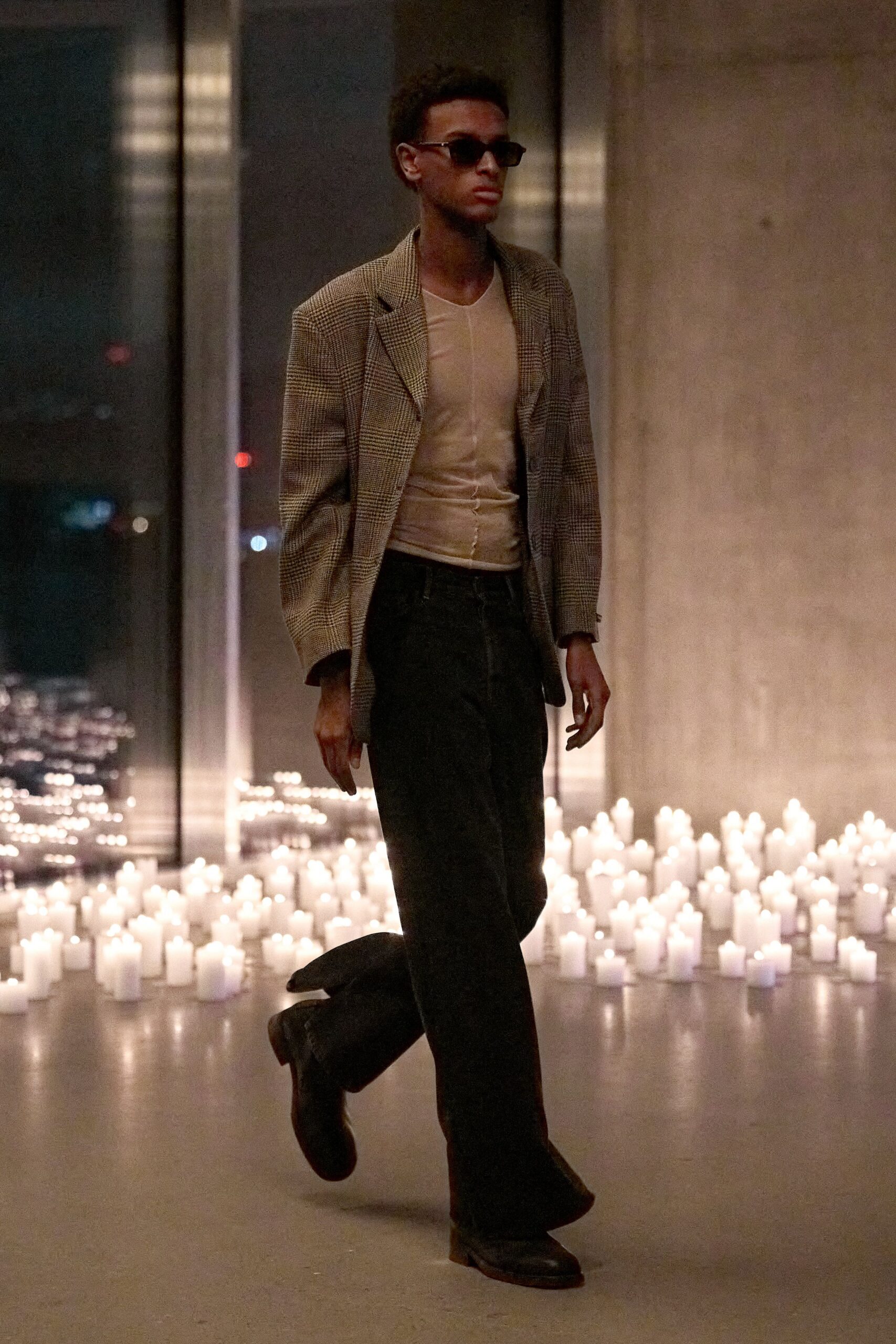 gray checked blazer with black pants