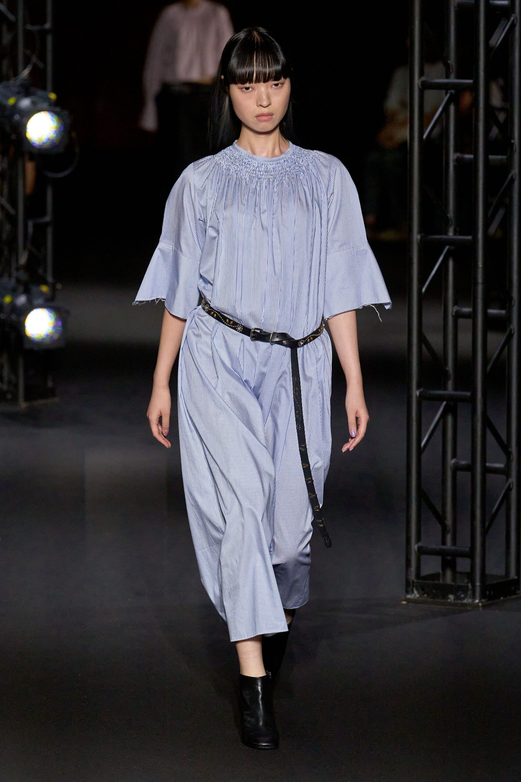 blue cotton short-sleeve high-neck relaxed pleated midi dress