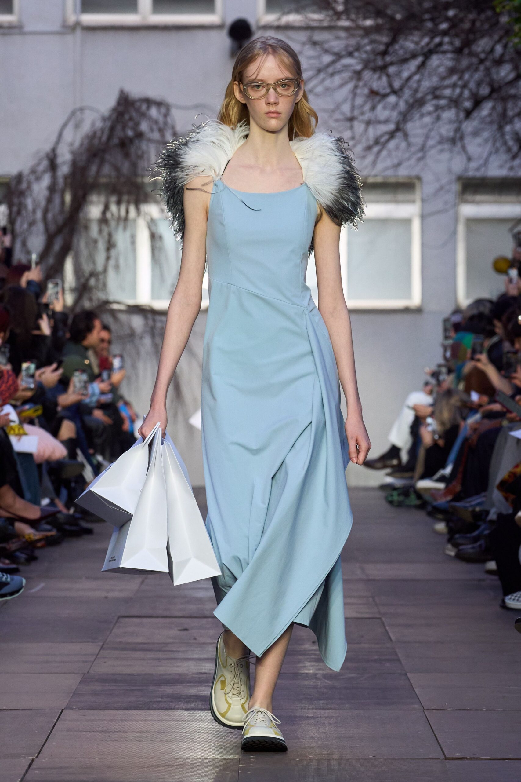 blue cotton sleeveless square-neck fitted draped midi dress