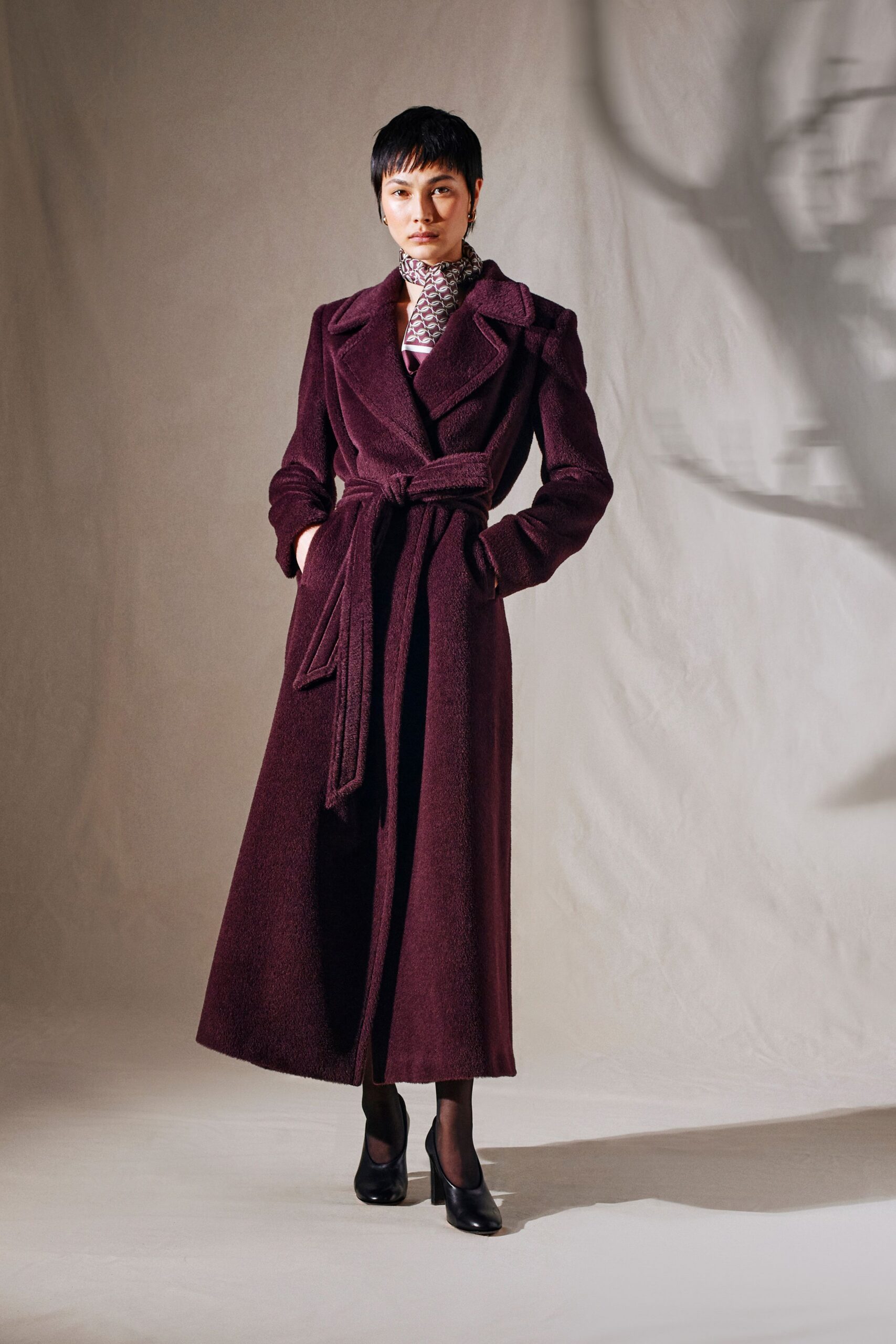 maroon wool long-sleeve collared fitted belted draped coat