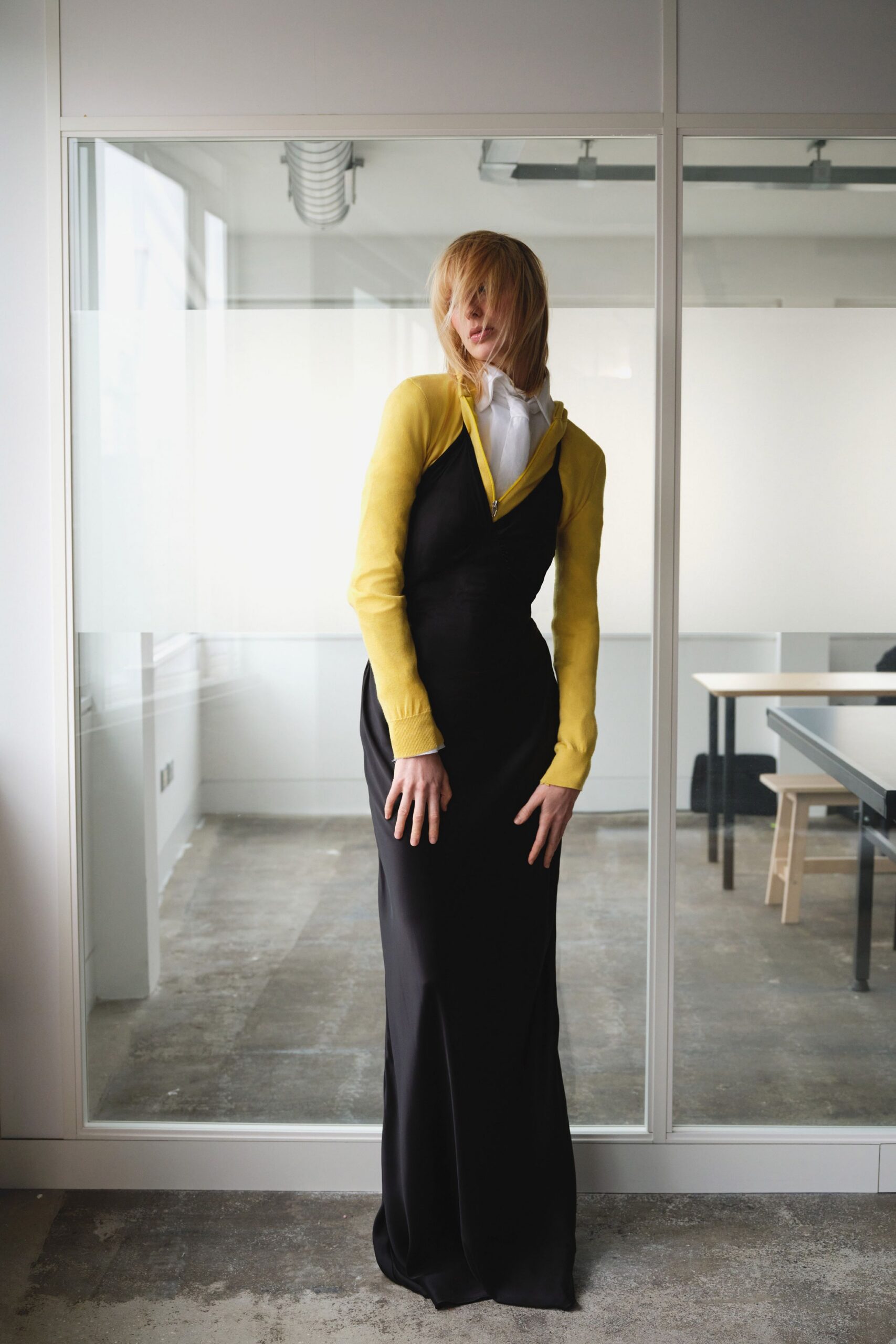 black silk fitted gown with yellow jacket