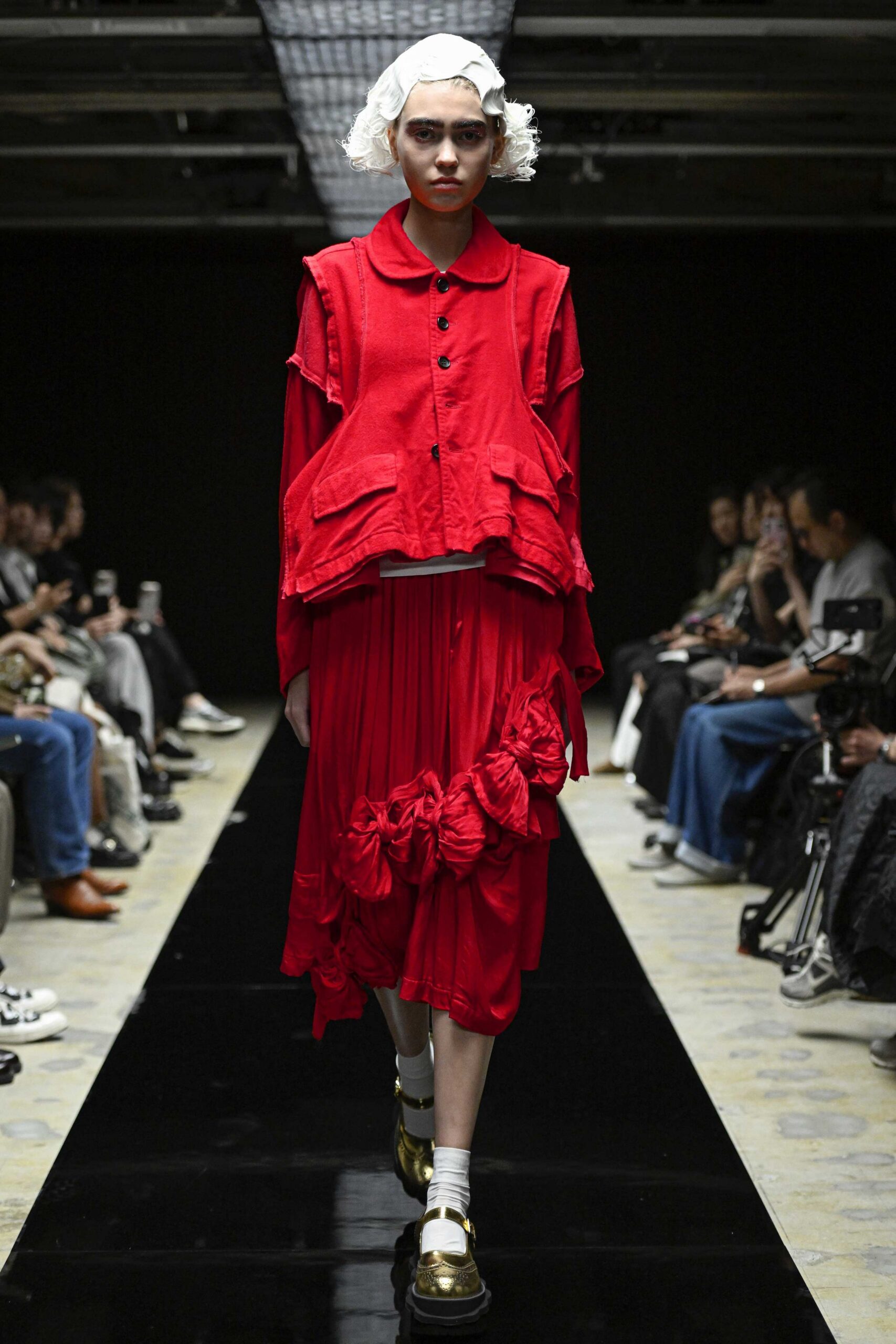 red cotton long-sleeve collared oversized layered top