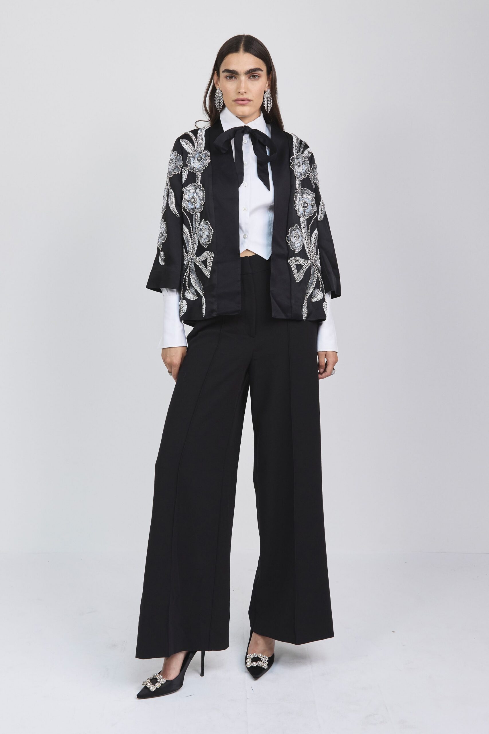 black silk long-sleeve collared structured embroidered jacket
