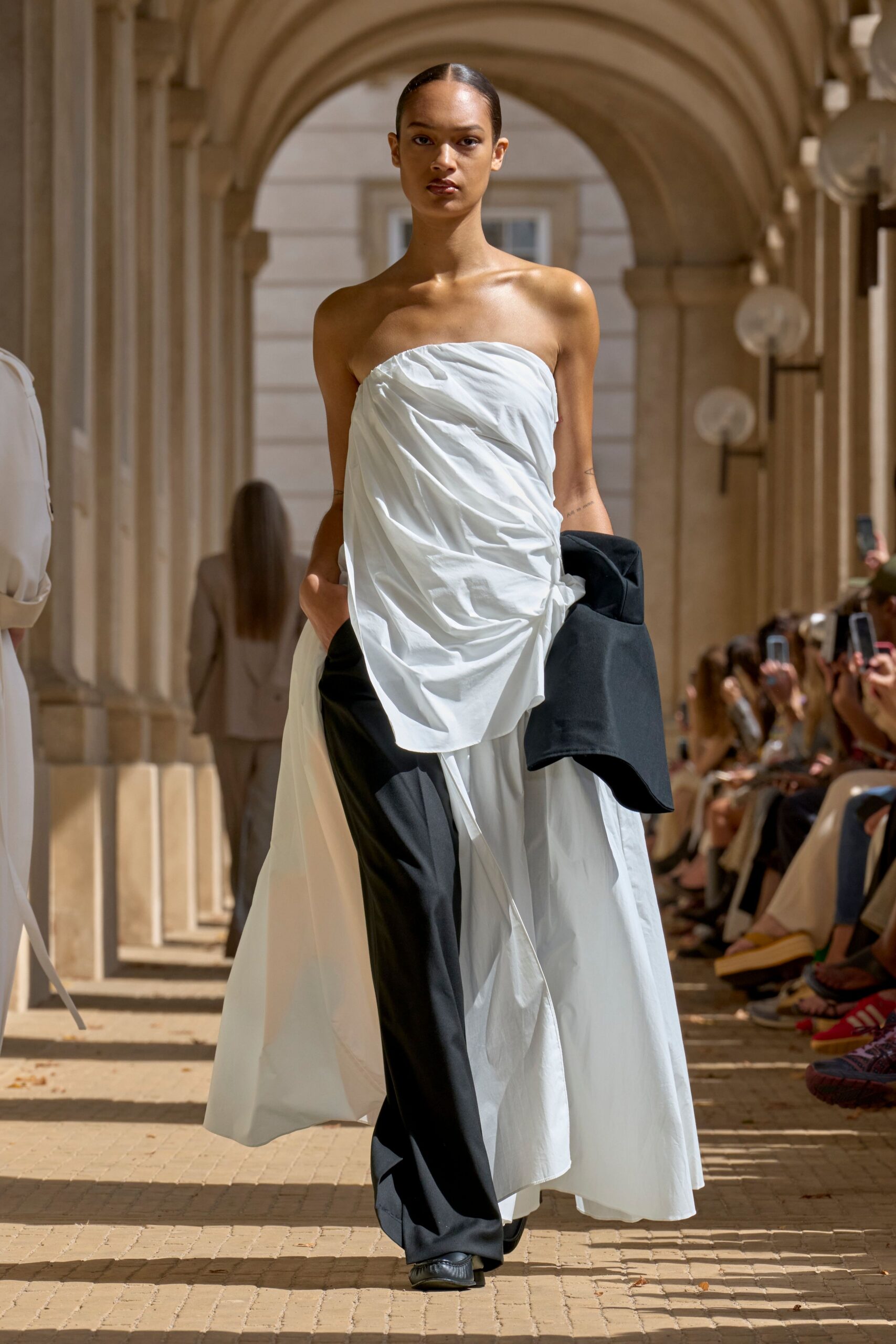 white cotton strapless fitted draped maxi gown