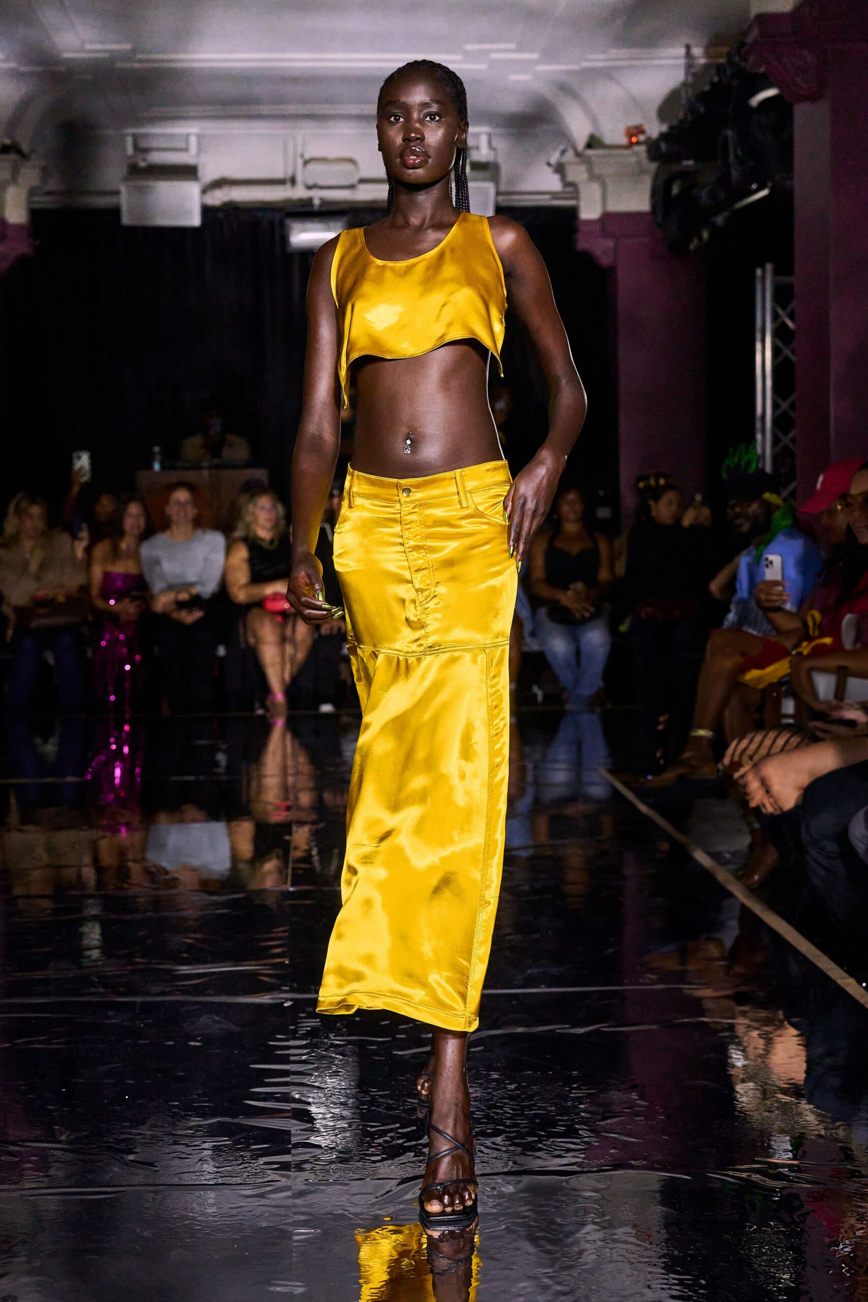 yellow silk fitted high-waisted buttoned shiny midi skirt