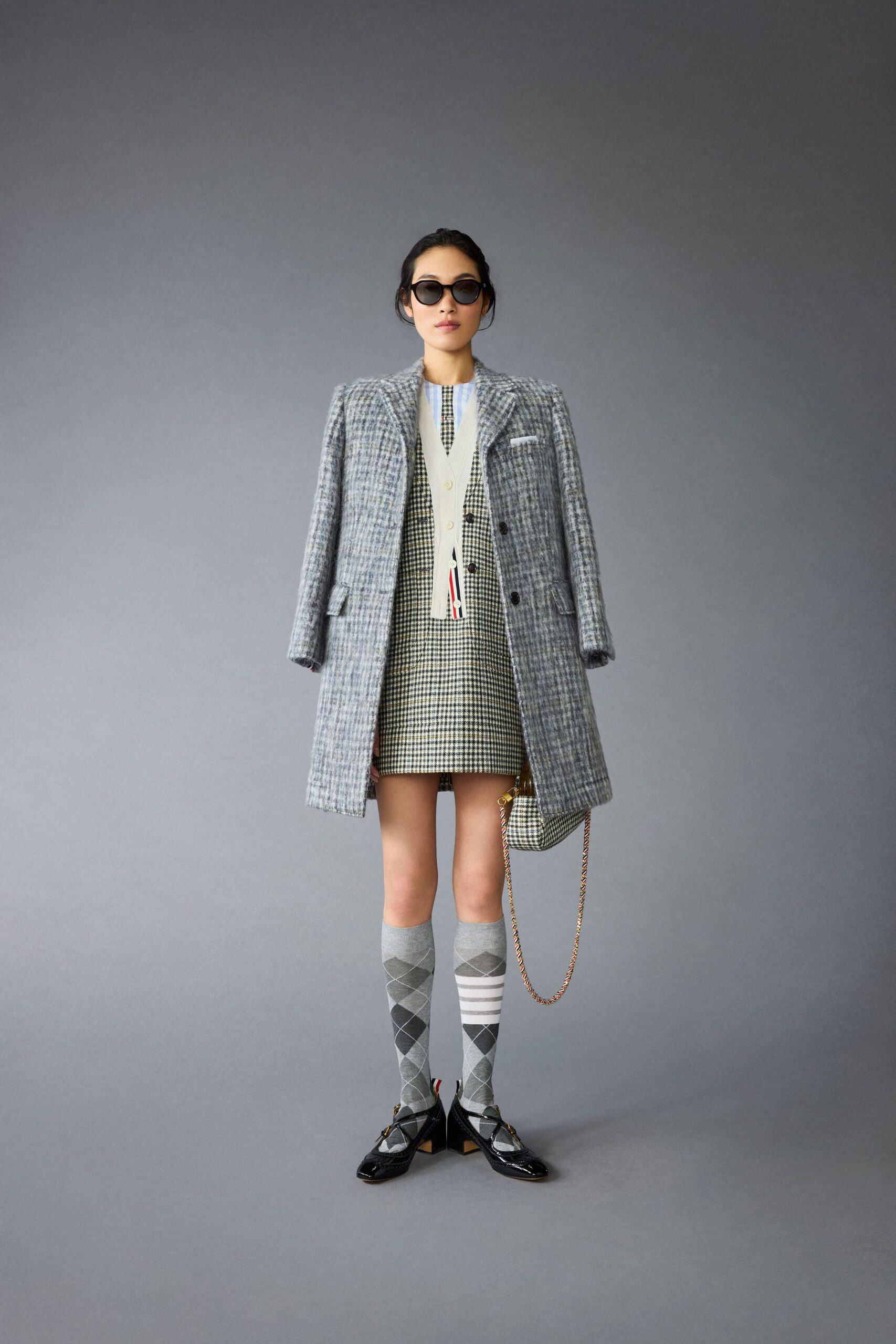 gray wool coat with mini dress