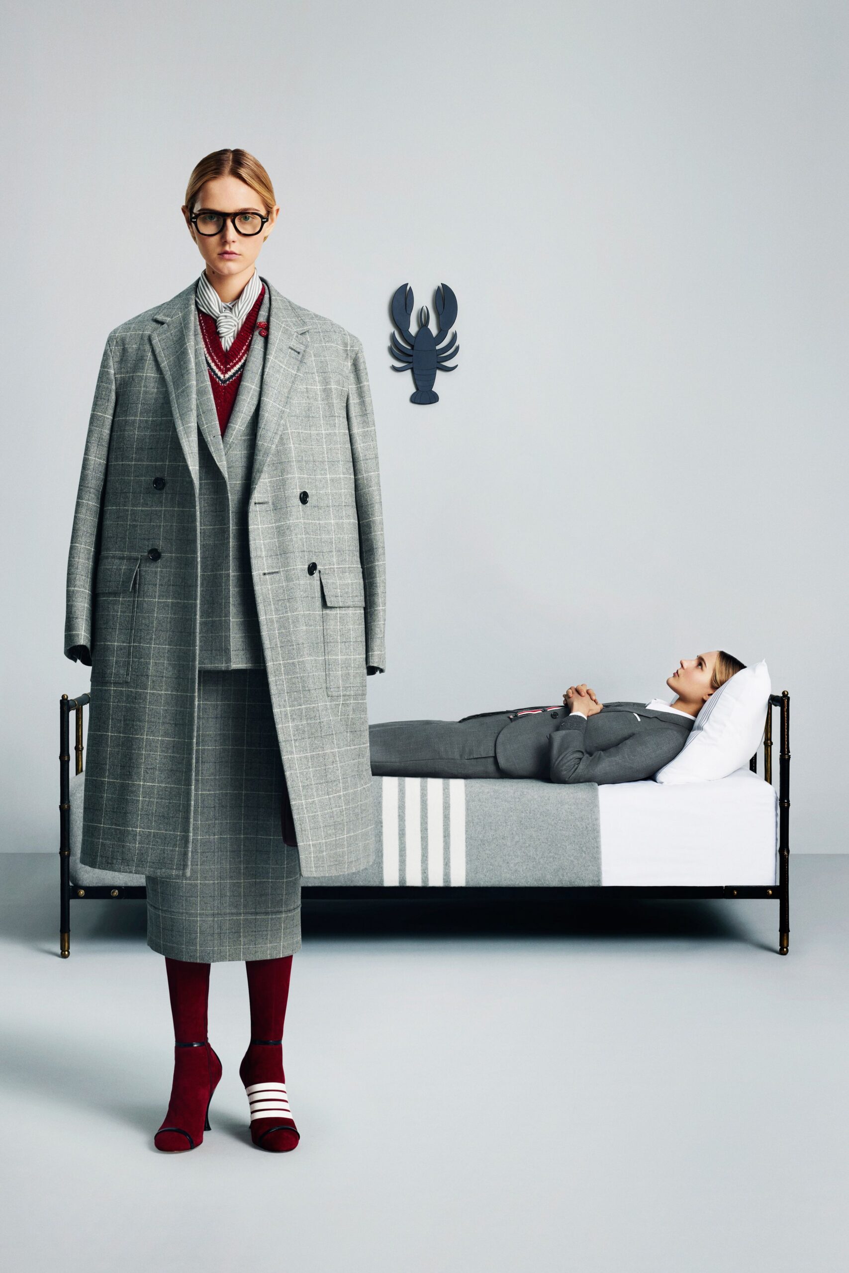 gray tailored coat and skirt