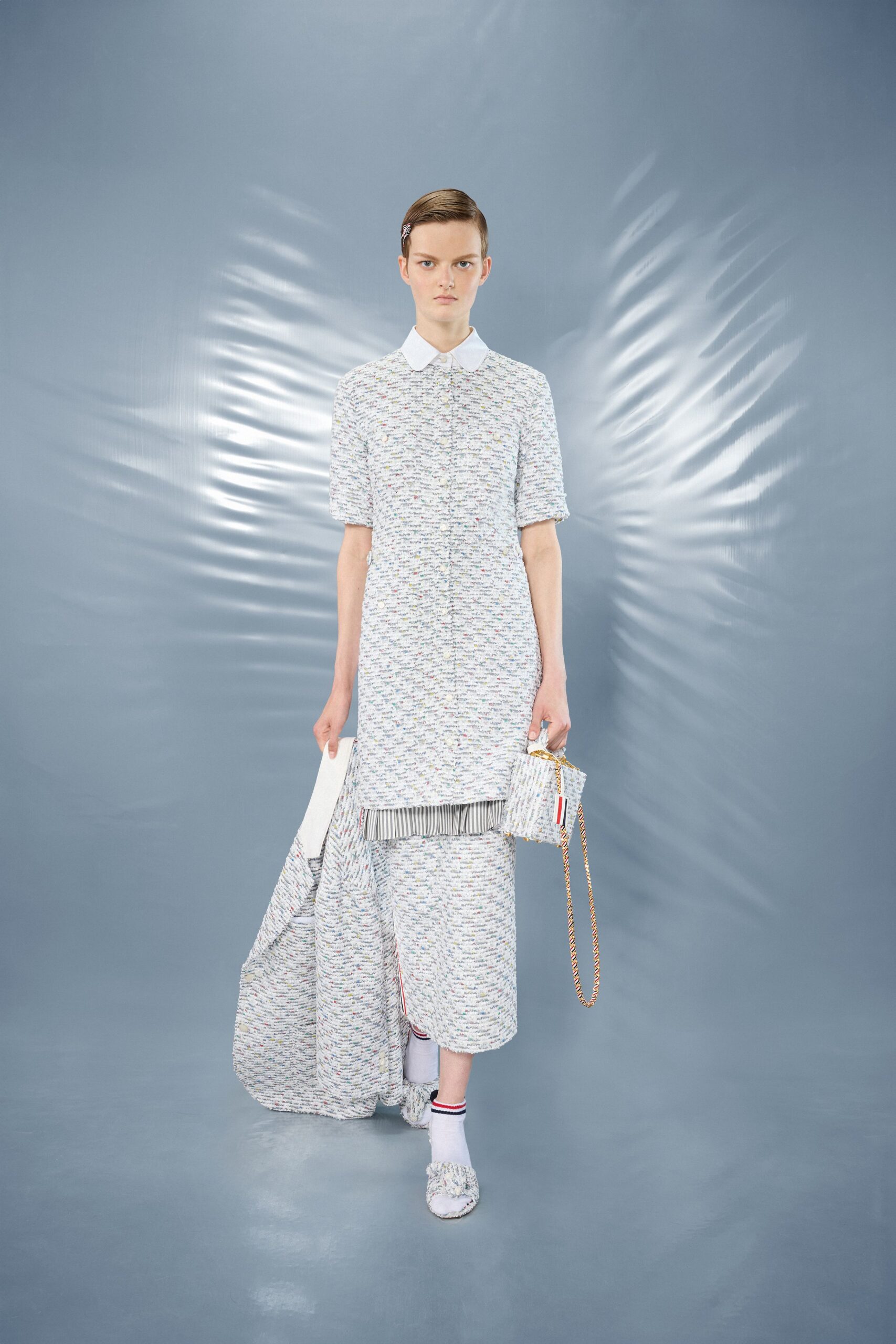 printed shirt-dress with striped skirt