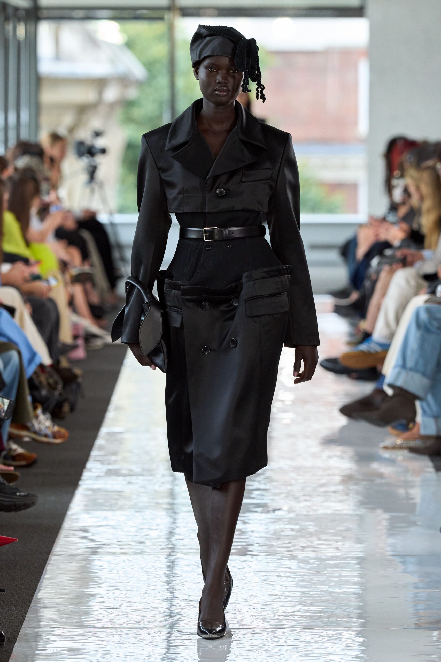 black silk long-sleeve collared fitted zippered pockets dress