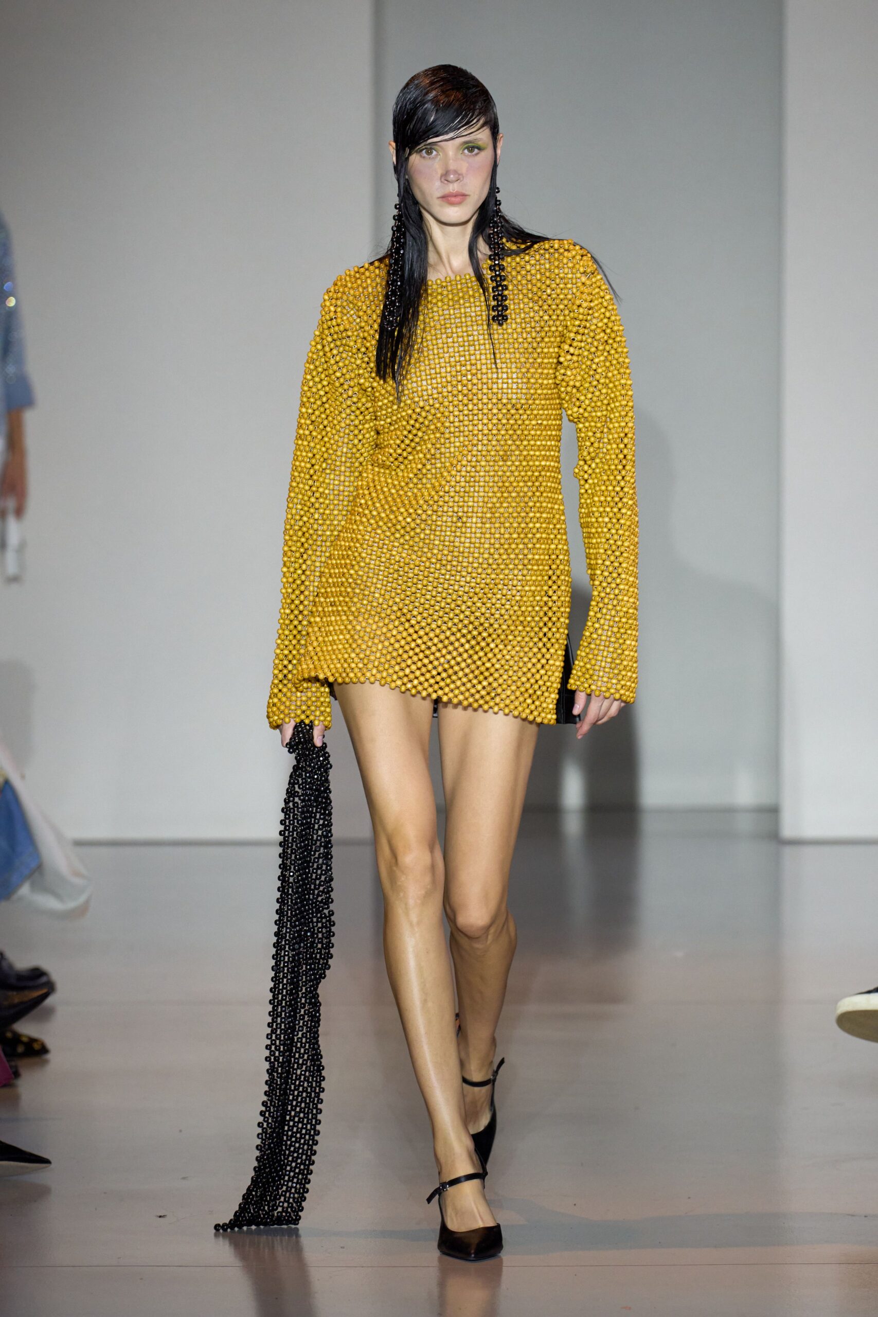 yellow mesh long-sleeve fitted layered sheer short top
