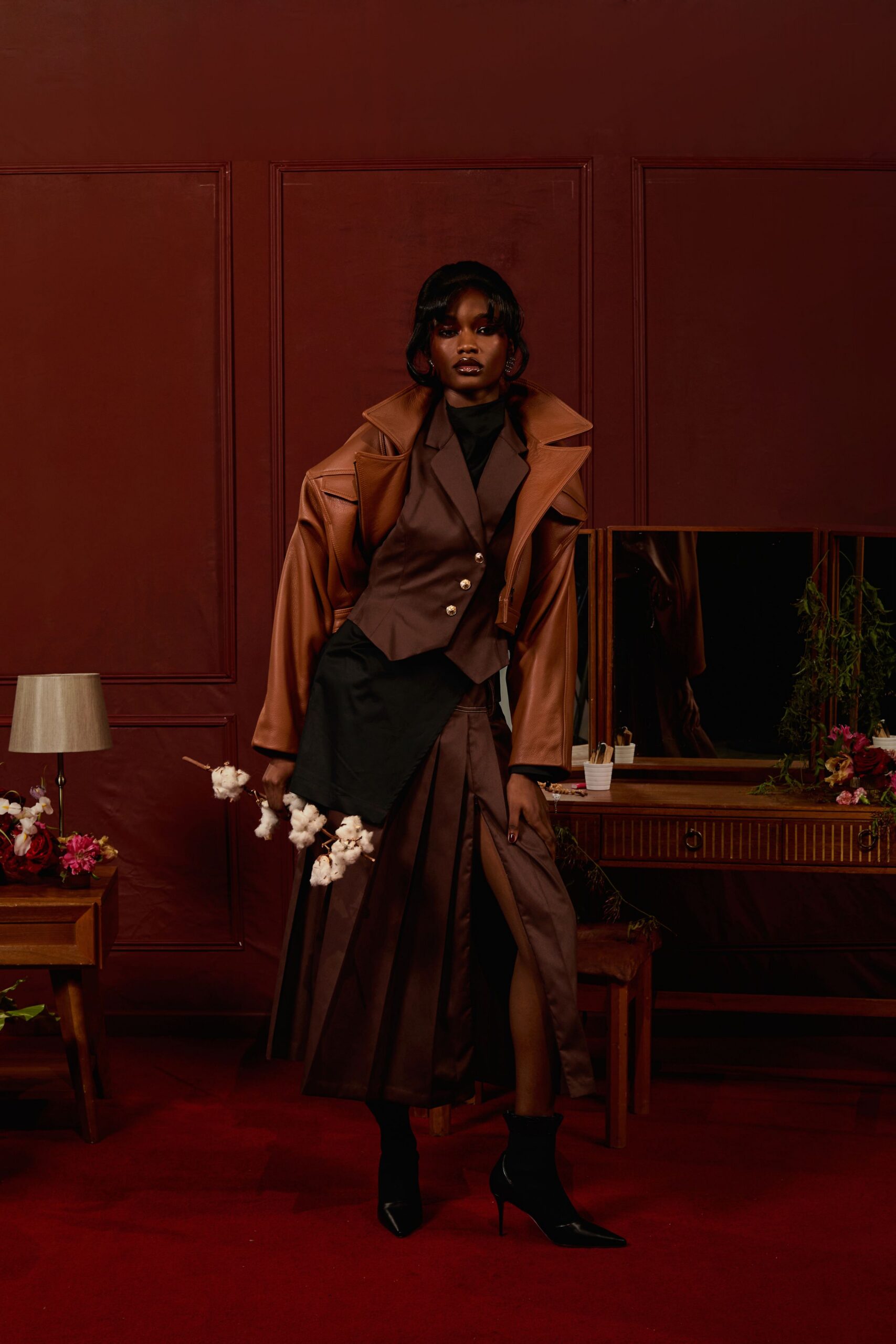 brown silk long-sleeve collared tailored buttoned pleated blazer
