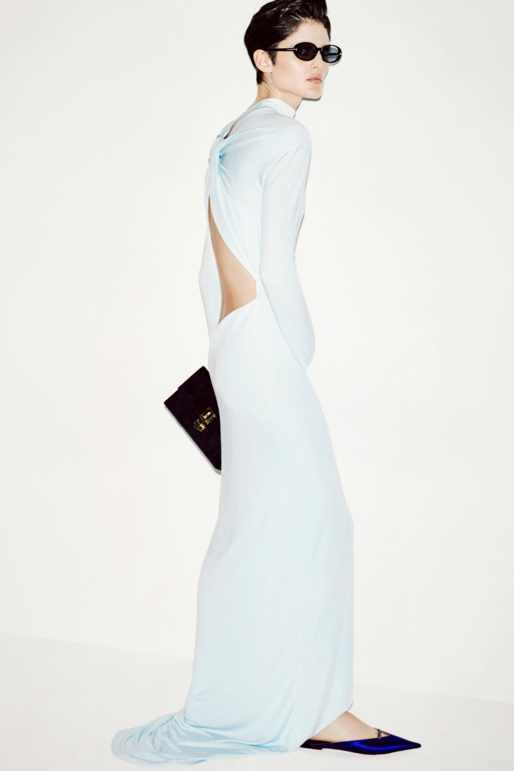 blue silk fitted gown