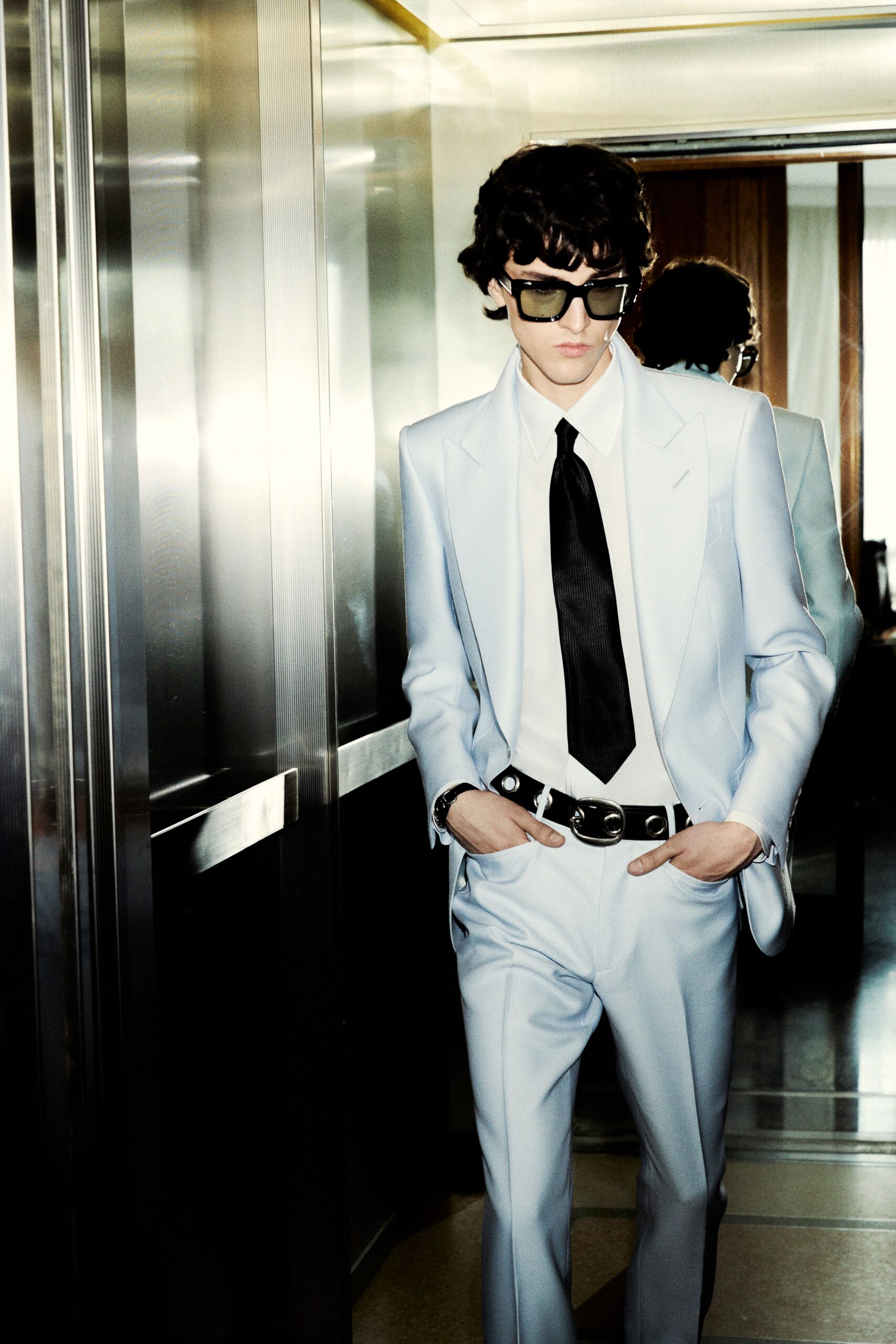blue silk long-sleeve collared tailored buttoned suit