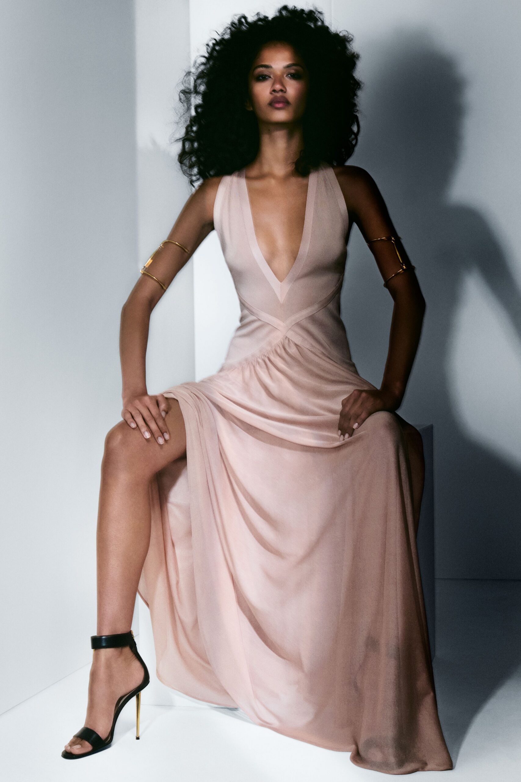pink silk sleeveless v-neck fitted draped flowing gown