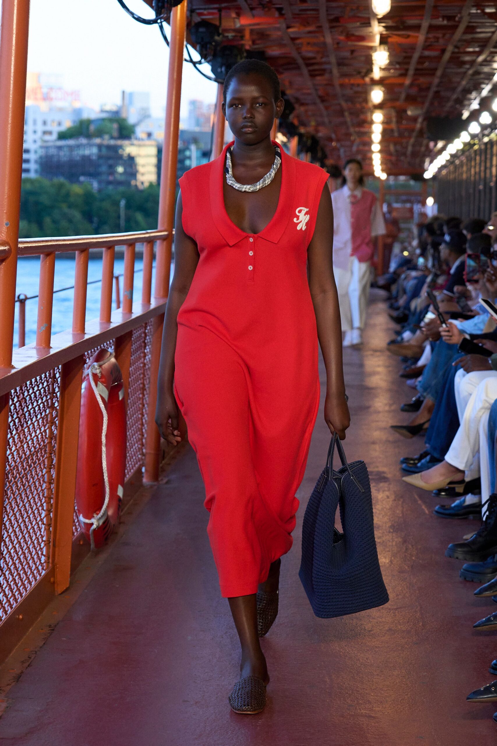 red cotton short-sleeve collared relaxed midi jumpsuit