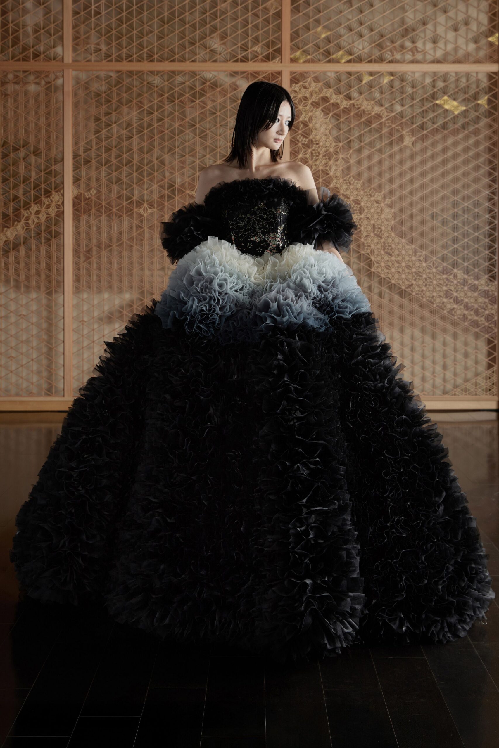 black and white ruffled gown