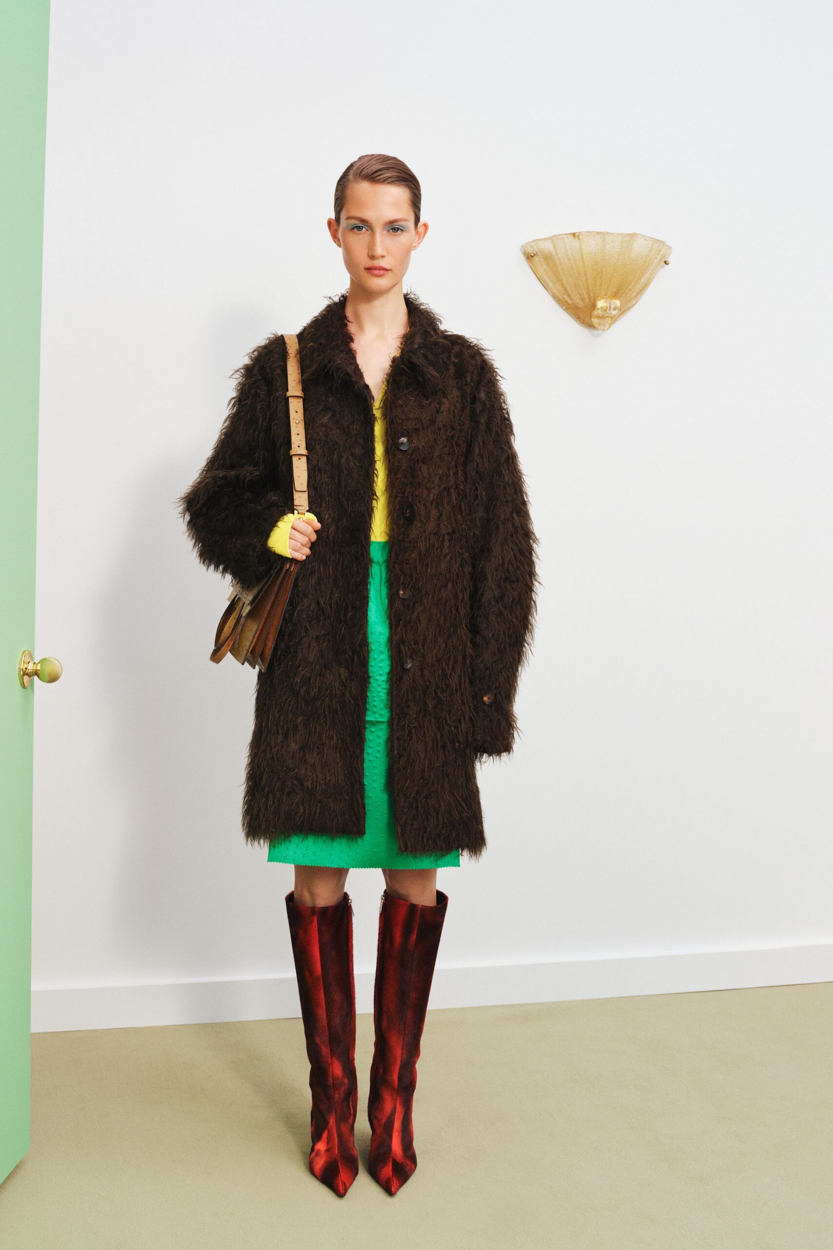 brown fur coat with green skirt