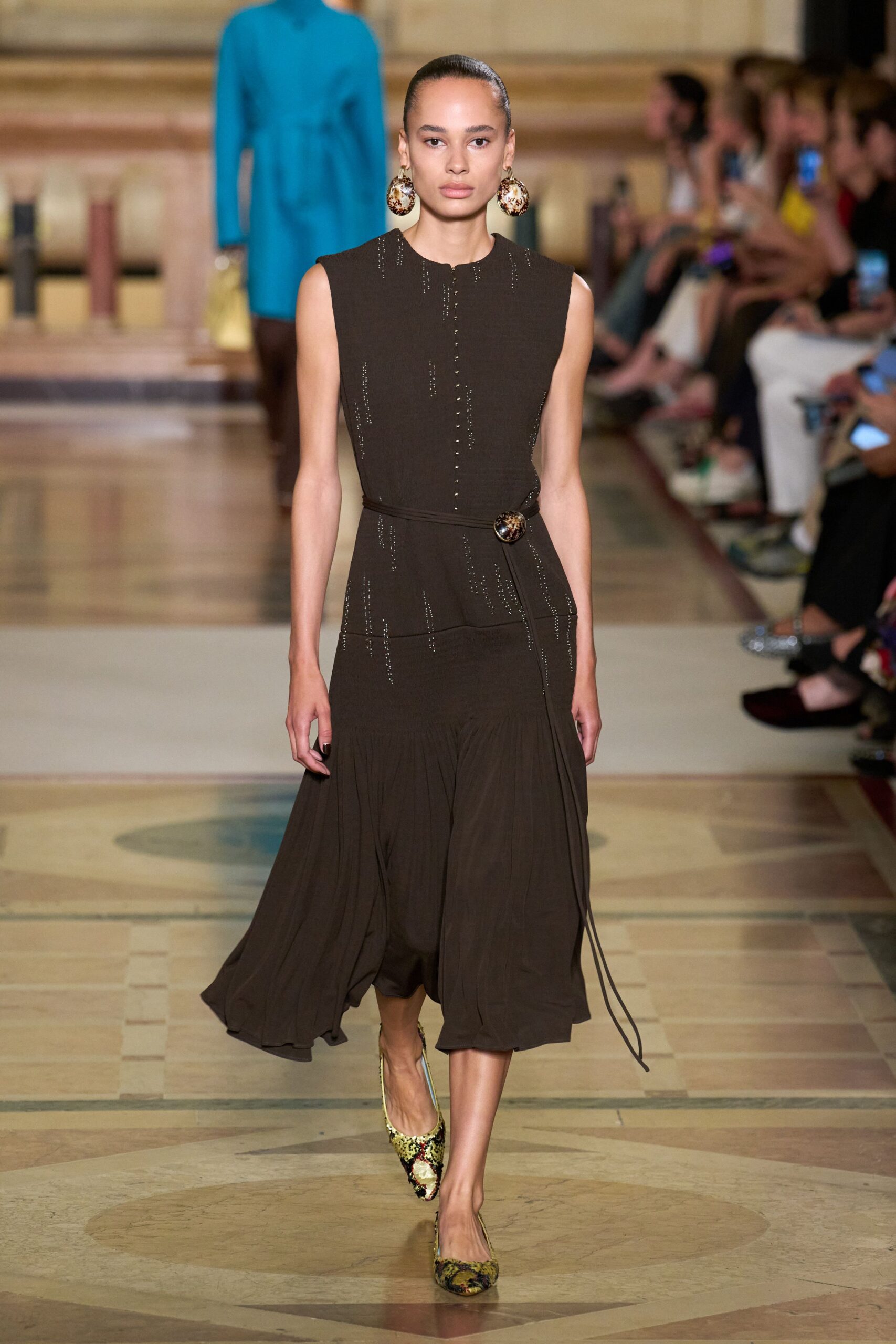 brown fitted midi dress with flats