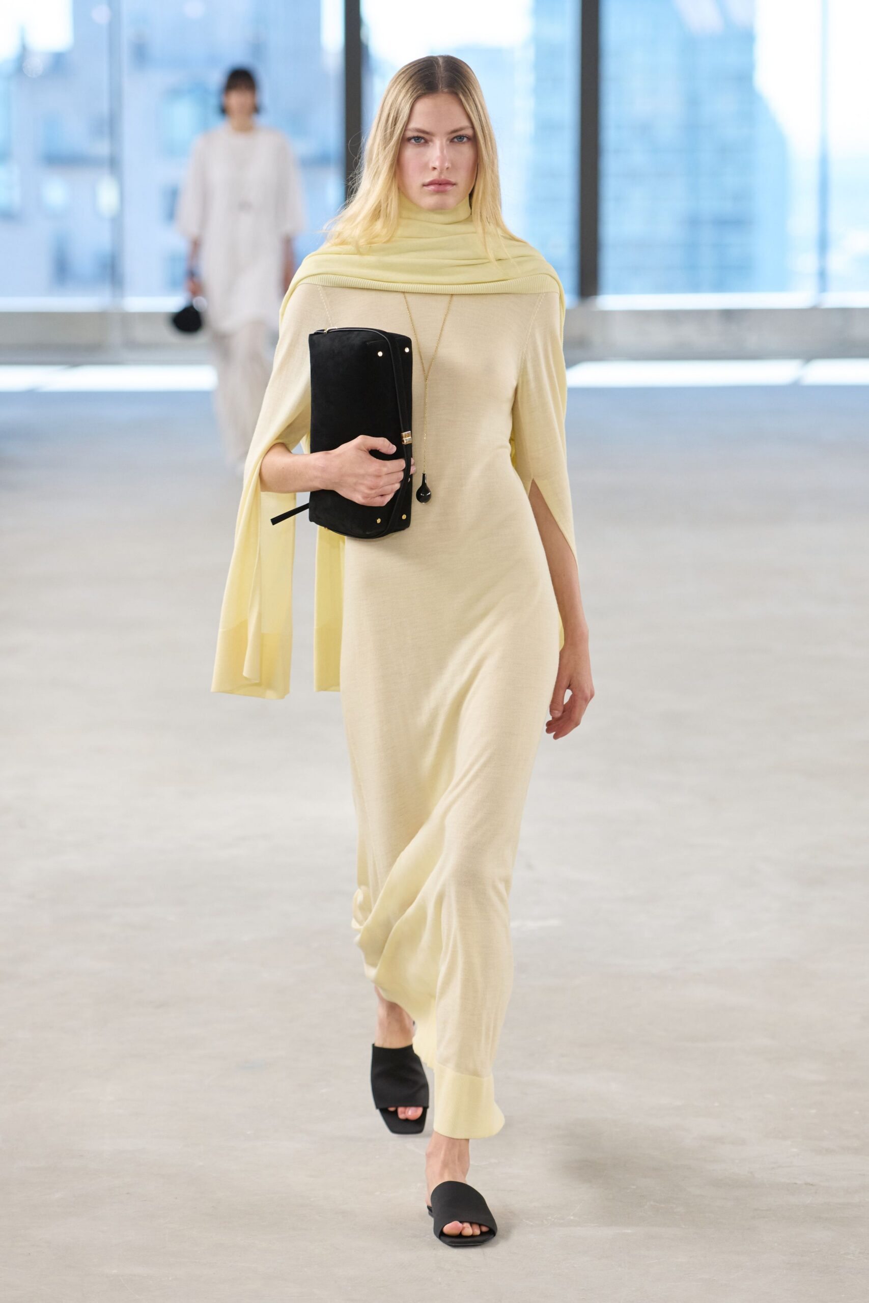yellow cotton sleeveless high-neck fitted draped maxi dress