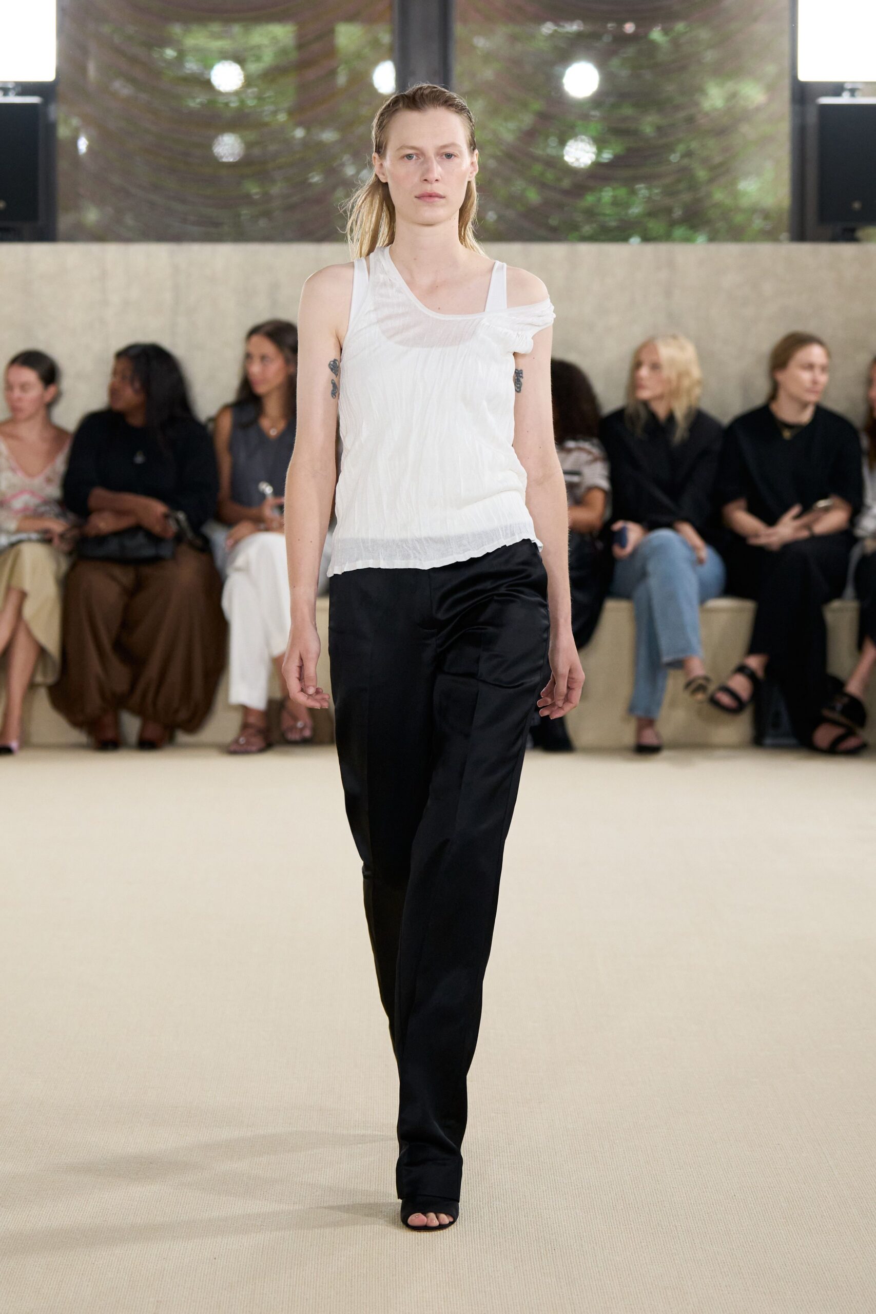 white cotton sleeveless off-shoulder fitted pleated top