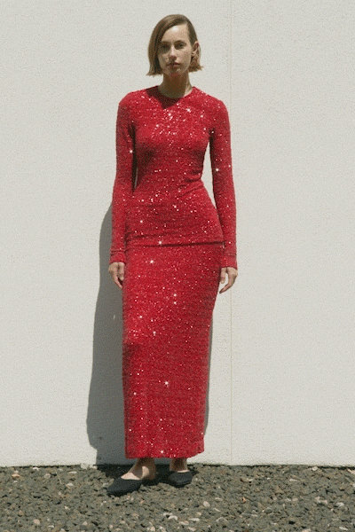 red sequin long-sleeve high-neck fitted embellished shiny gown