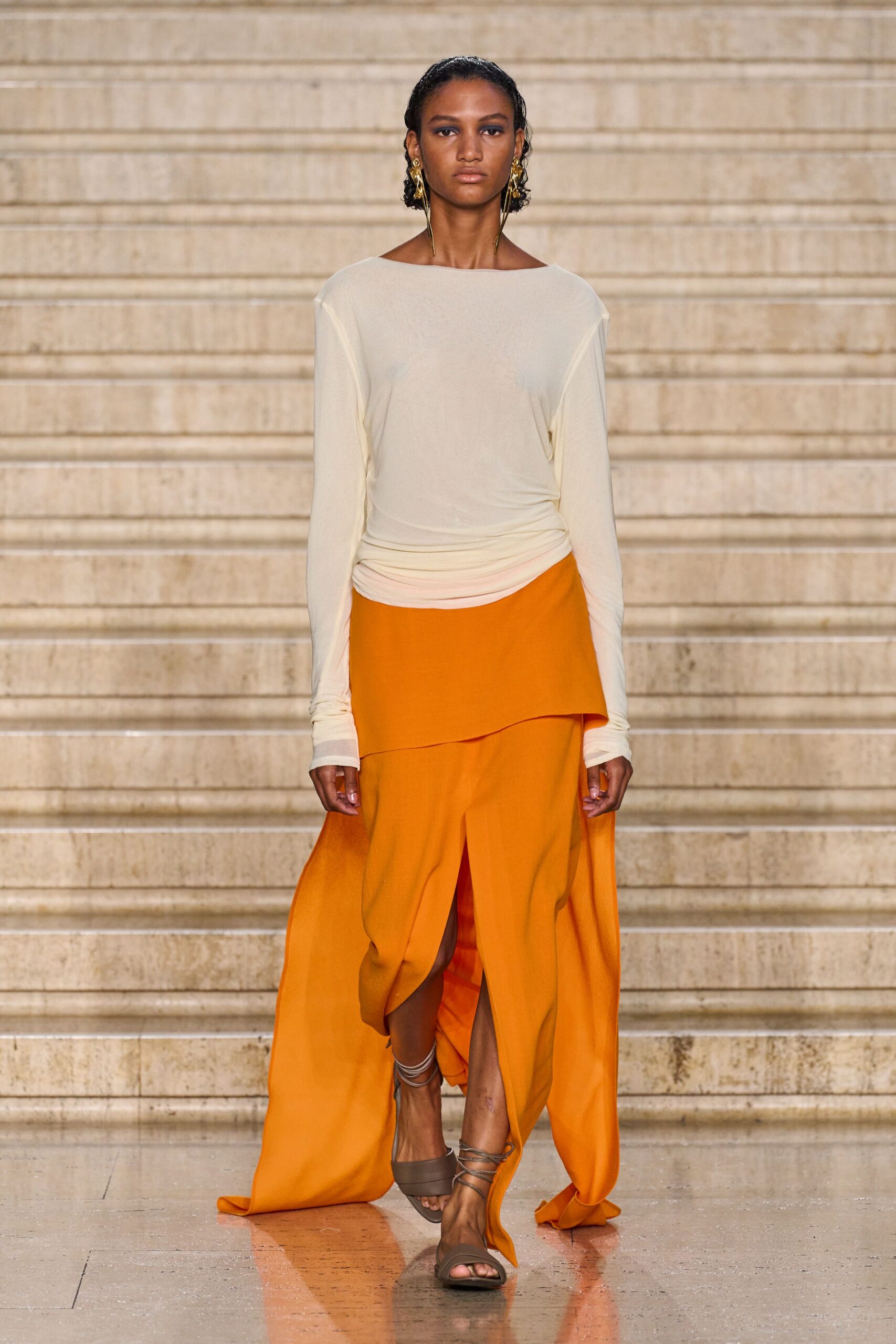 orange chiffon asymmetric relaxed layered flowing skirt
