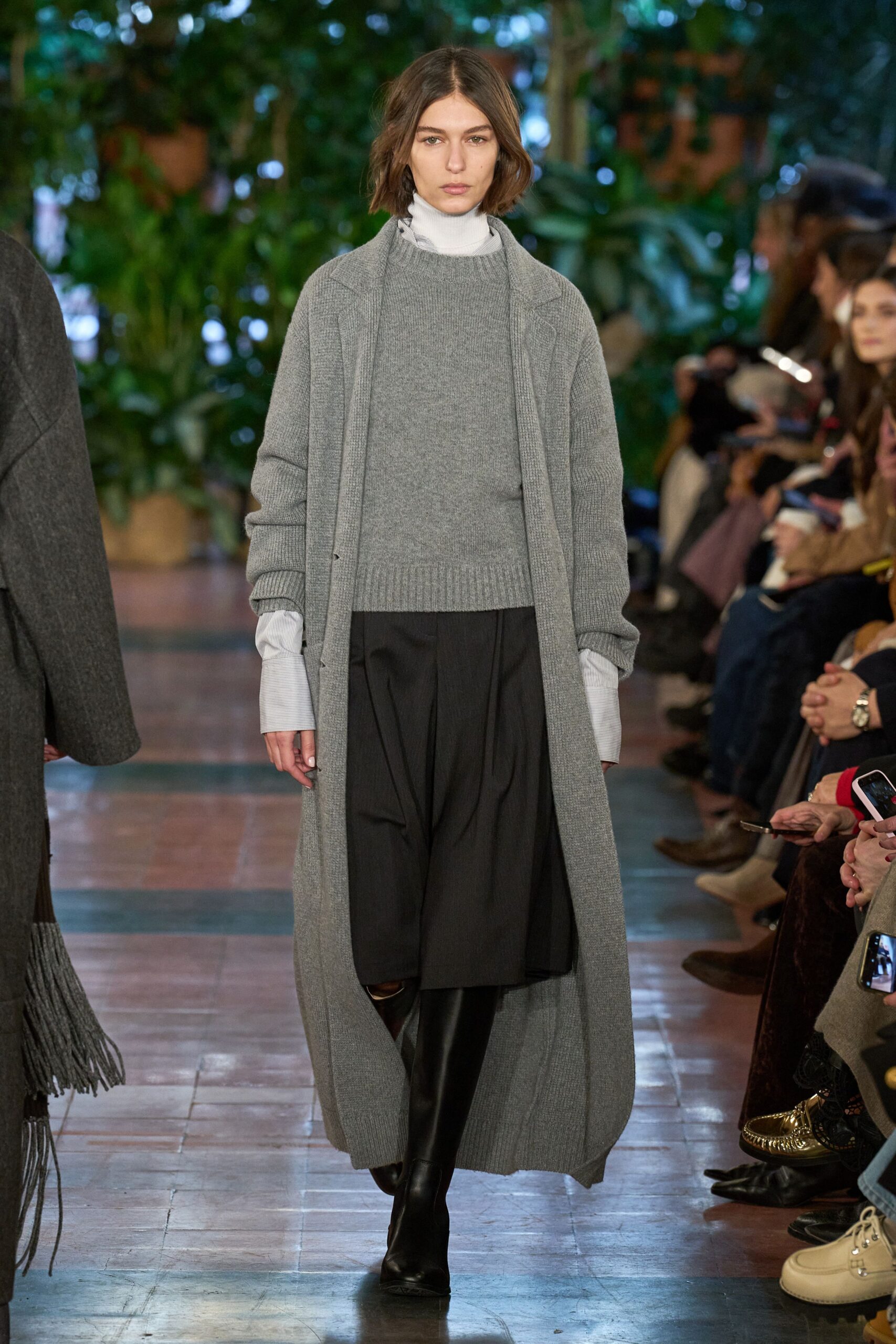 gray wool long-sleeve collared relaxed layered maxi coat