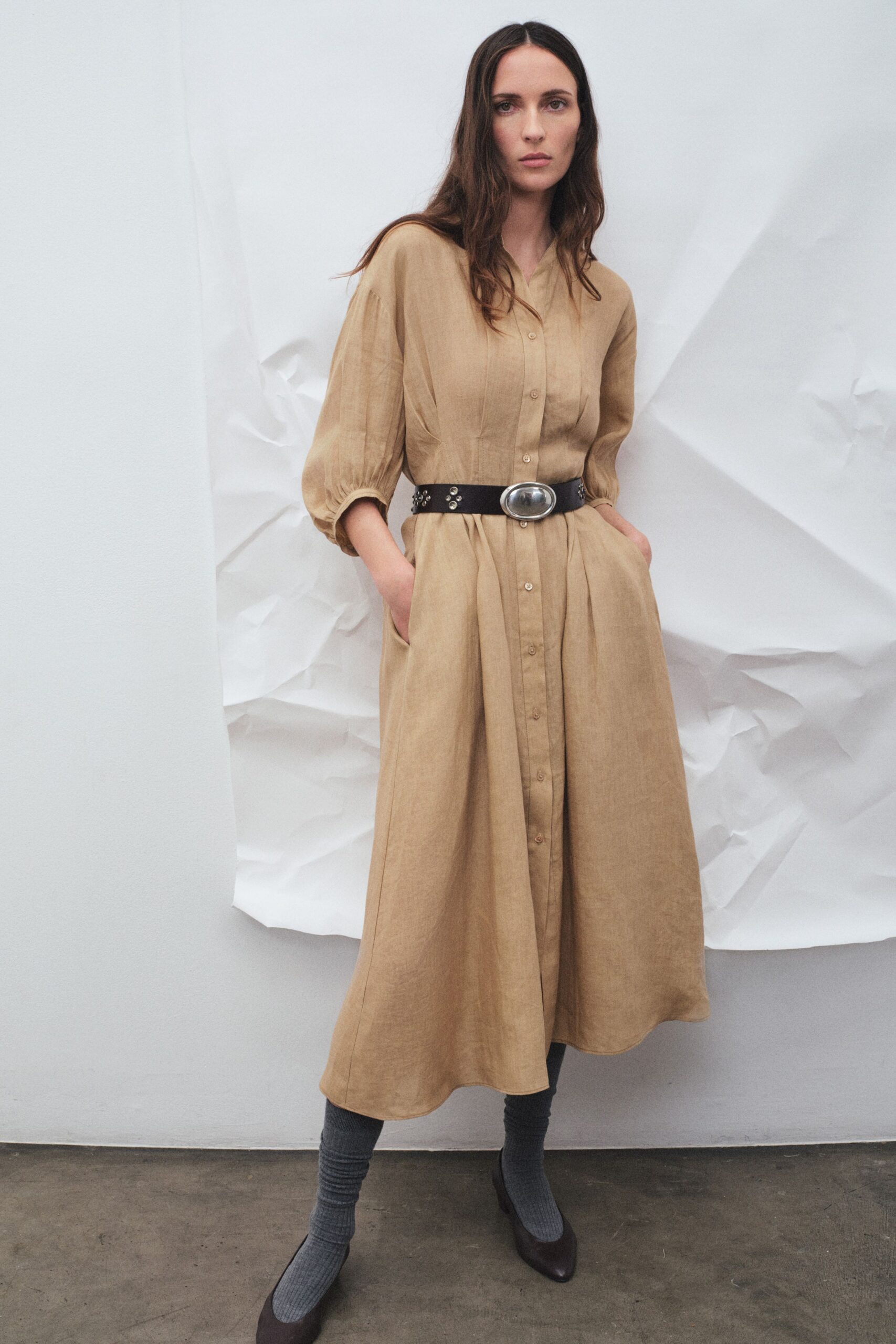 beige linen long-sleeve collared relaxed buttoned pockets shirt-dress