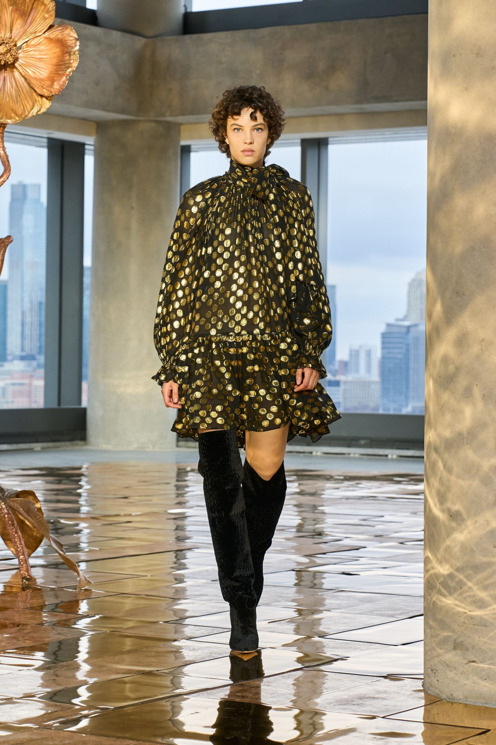 black silk long-sleeve high-neck fitted ruffled printed dress