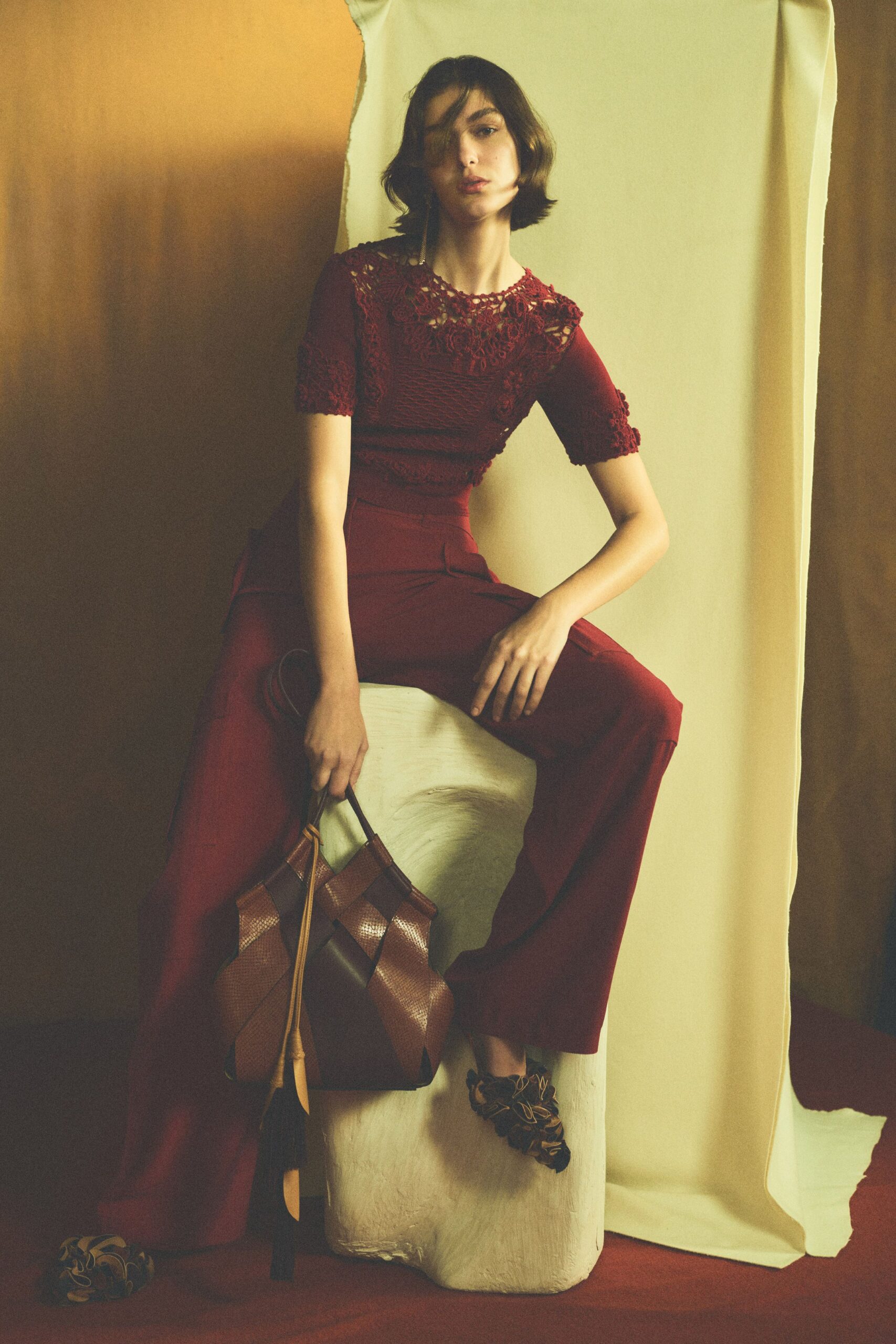red silk tailored wide-leg pants