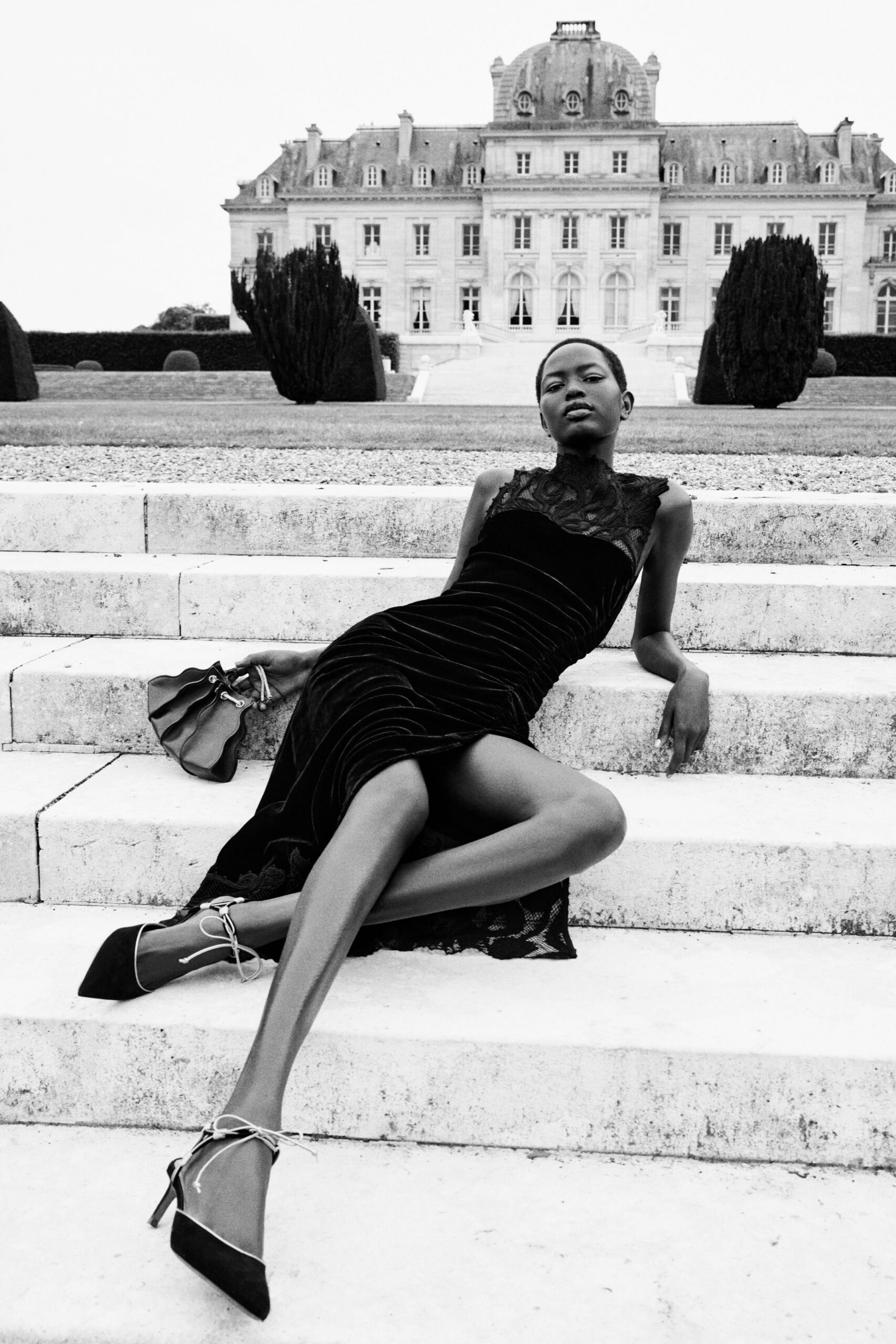 black velvet sleeveless gown