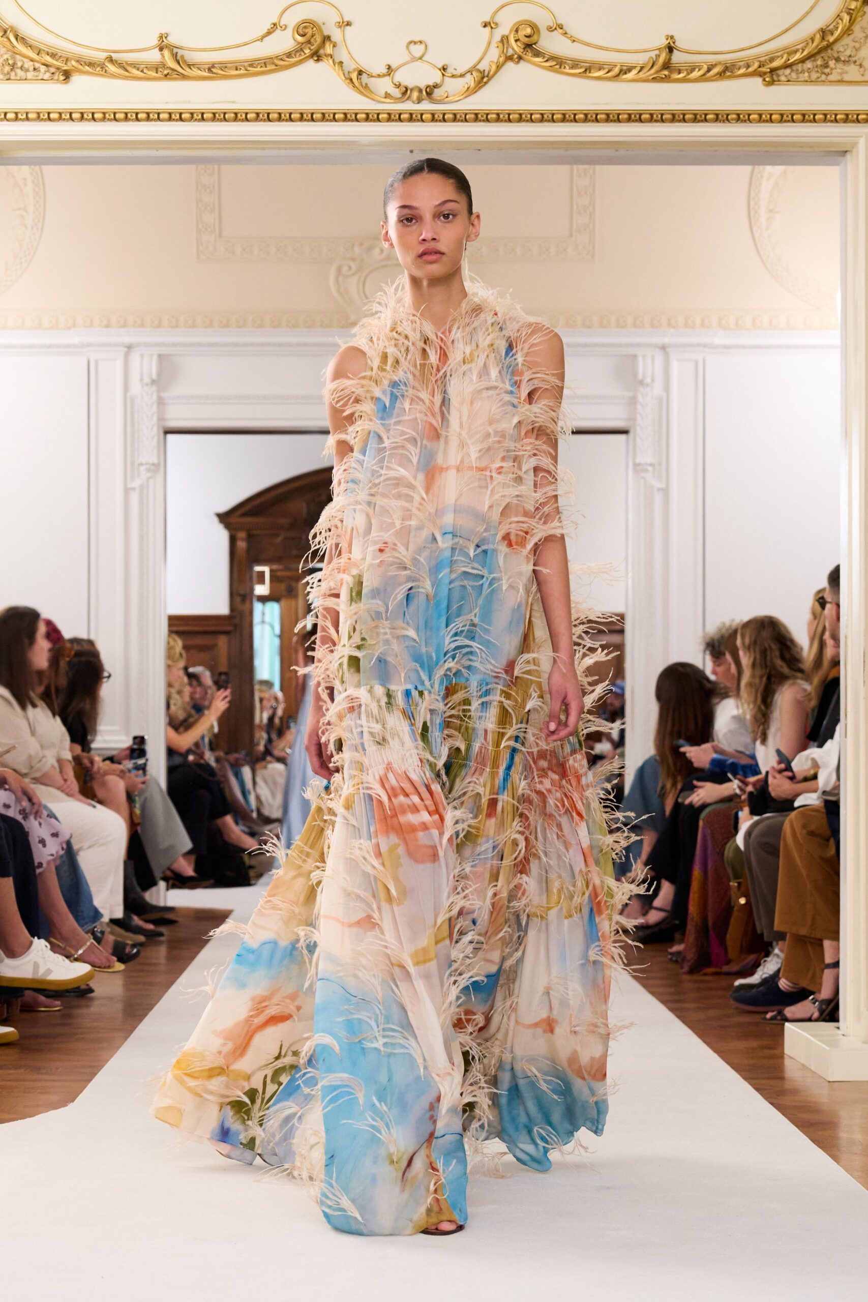 flowing blue and orange gown
