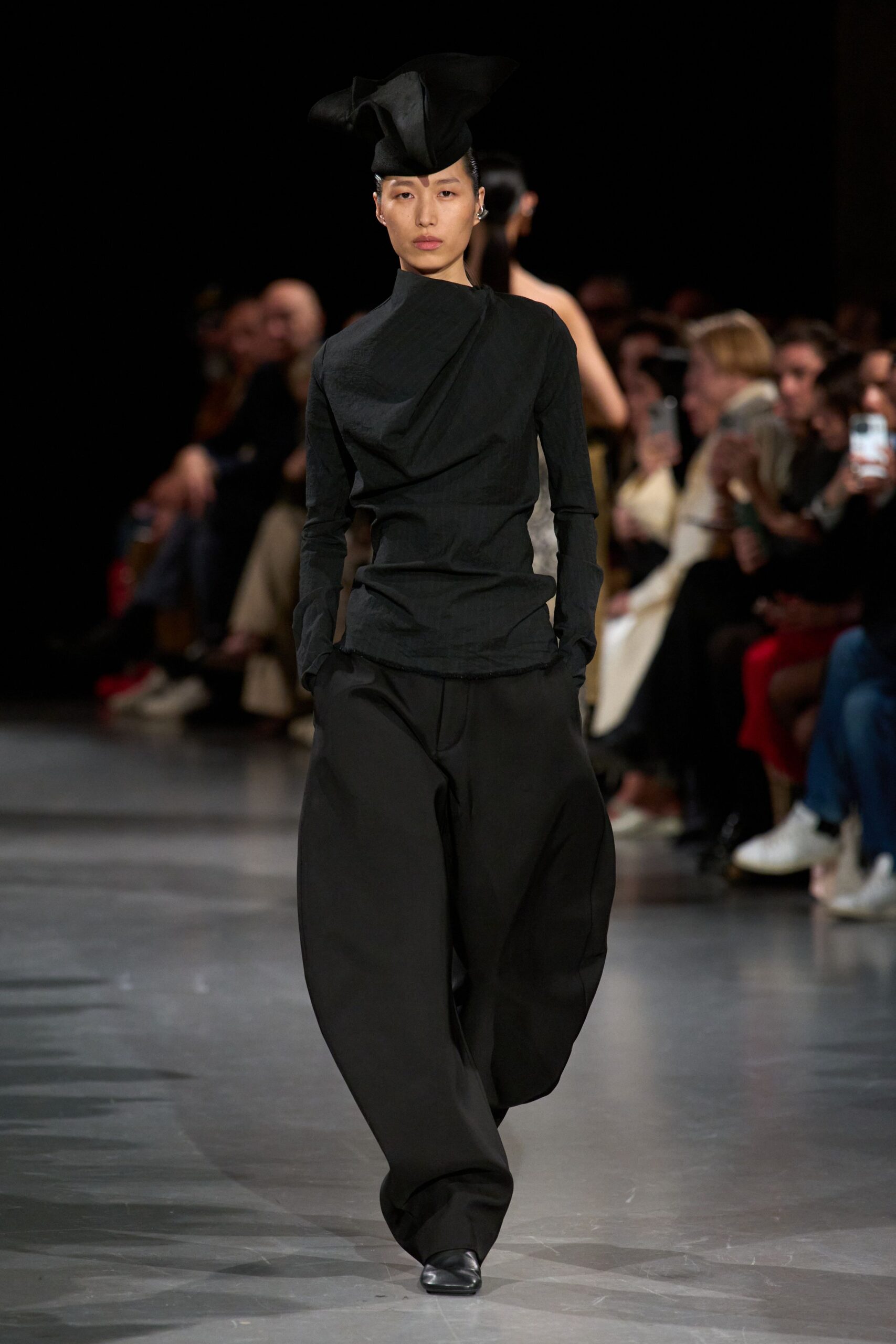 black cotton long-sleeve high-neck fitted draped top