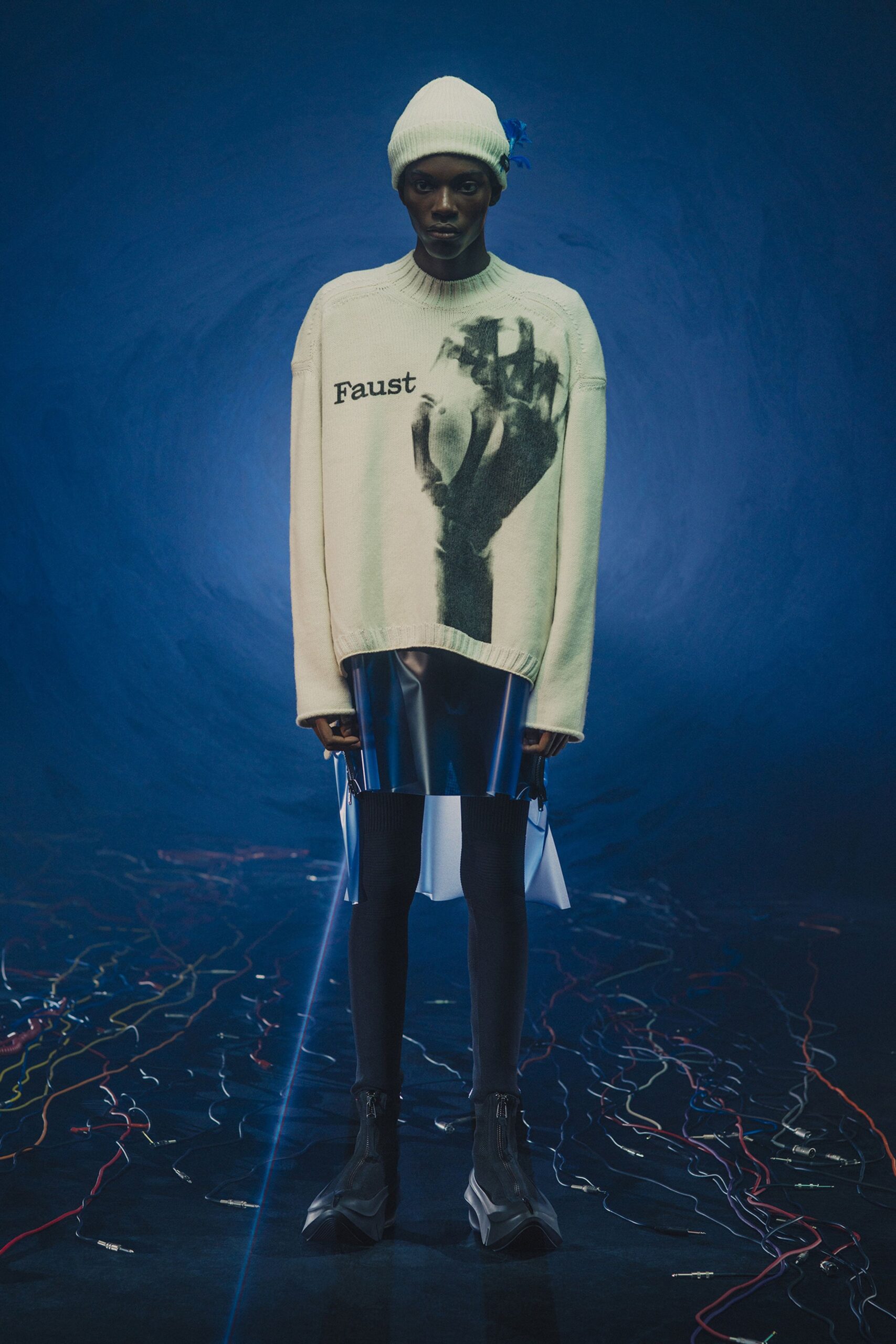 white cotton long-sleeve collared oversized printed sweater