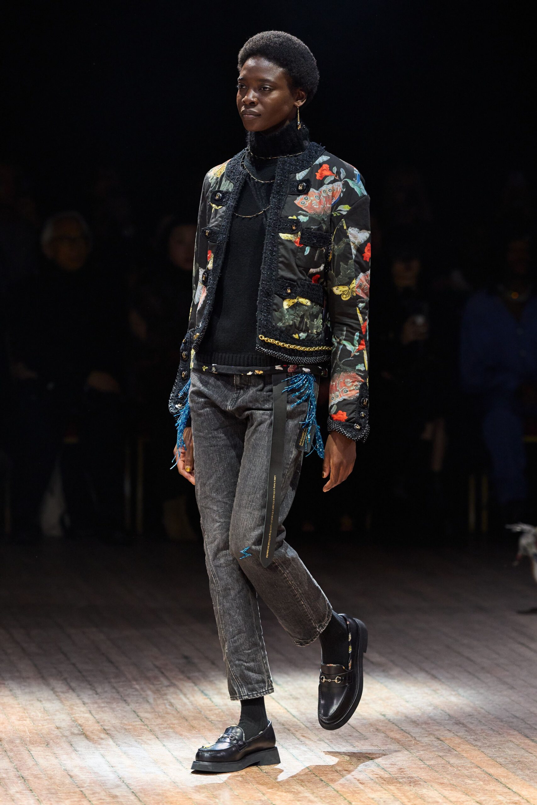 black embroidered jacket with sweater