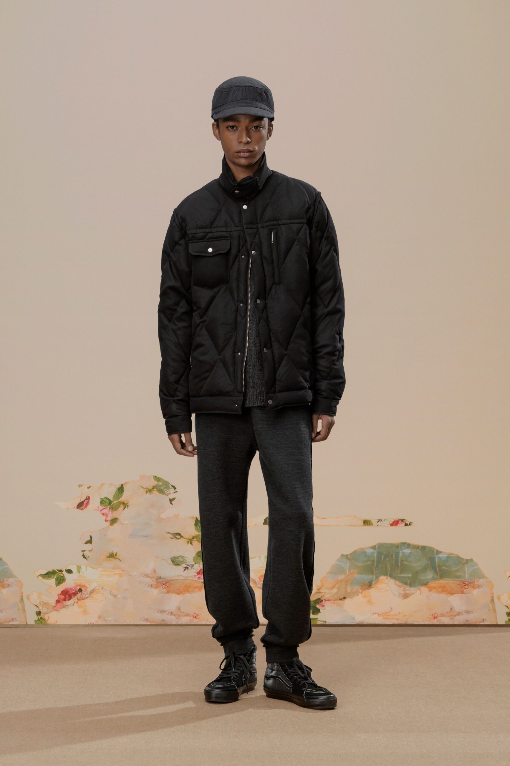black cotton long-sleeve collared fitted quilted jacket