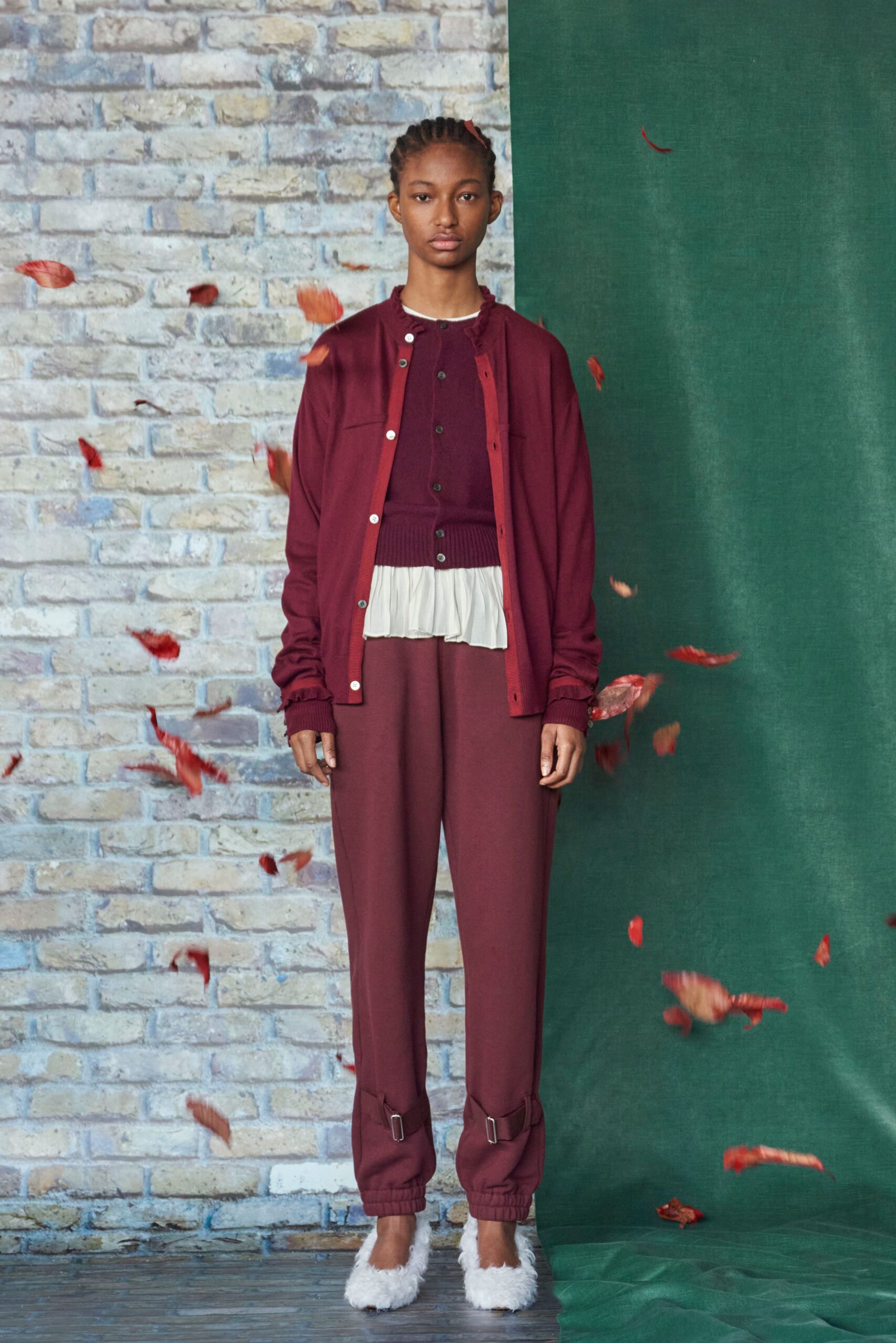 red cotton long-sleeve collared relaxed cardigan