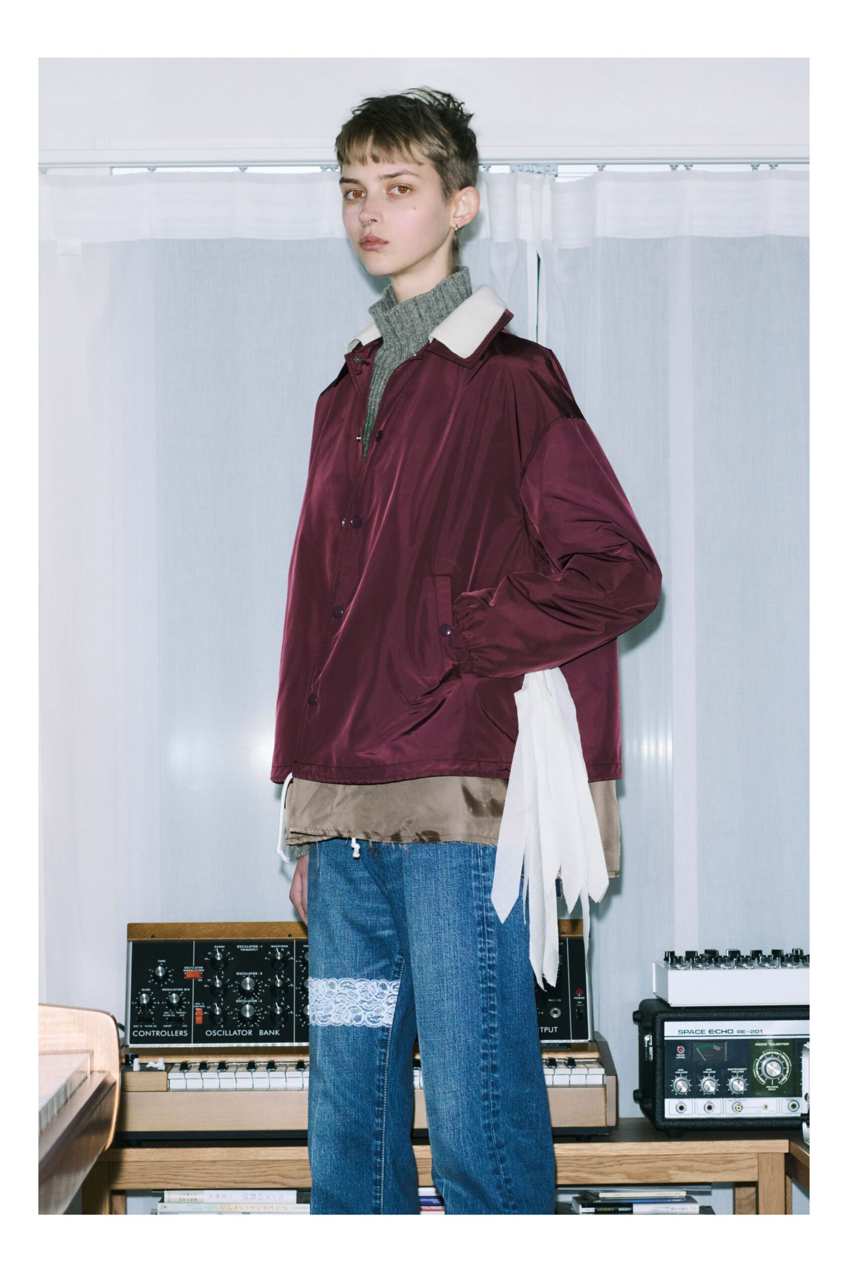 maroon silk long-sleeve collared relaxed zippered jacket
