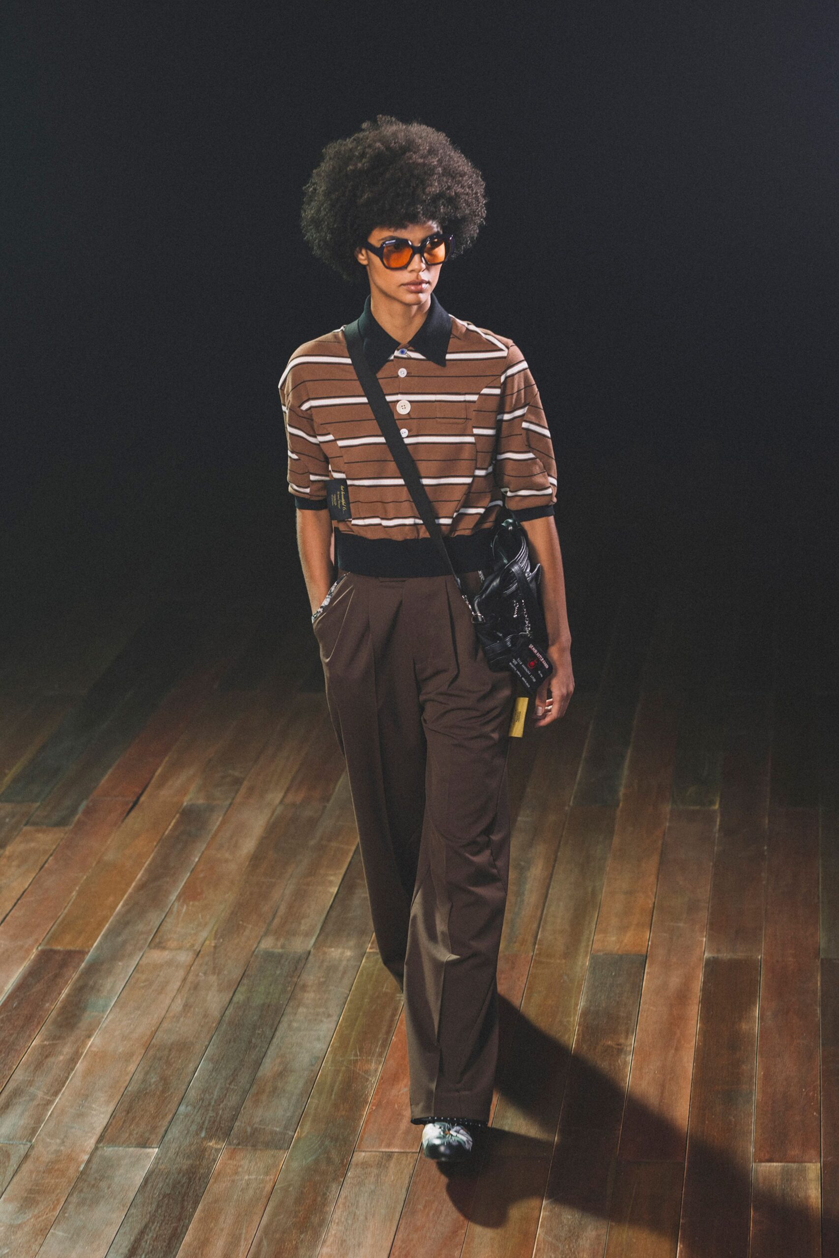 brown striped shirt with tailored pants