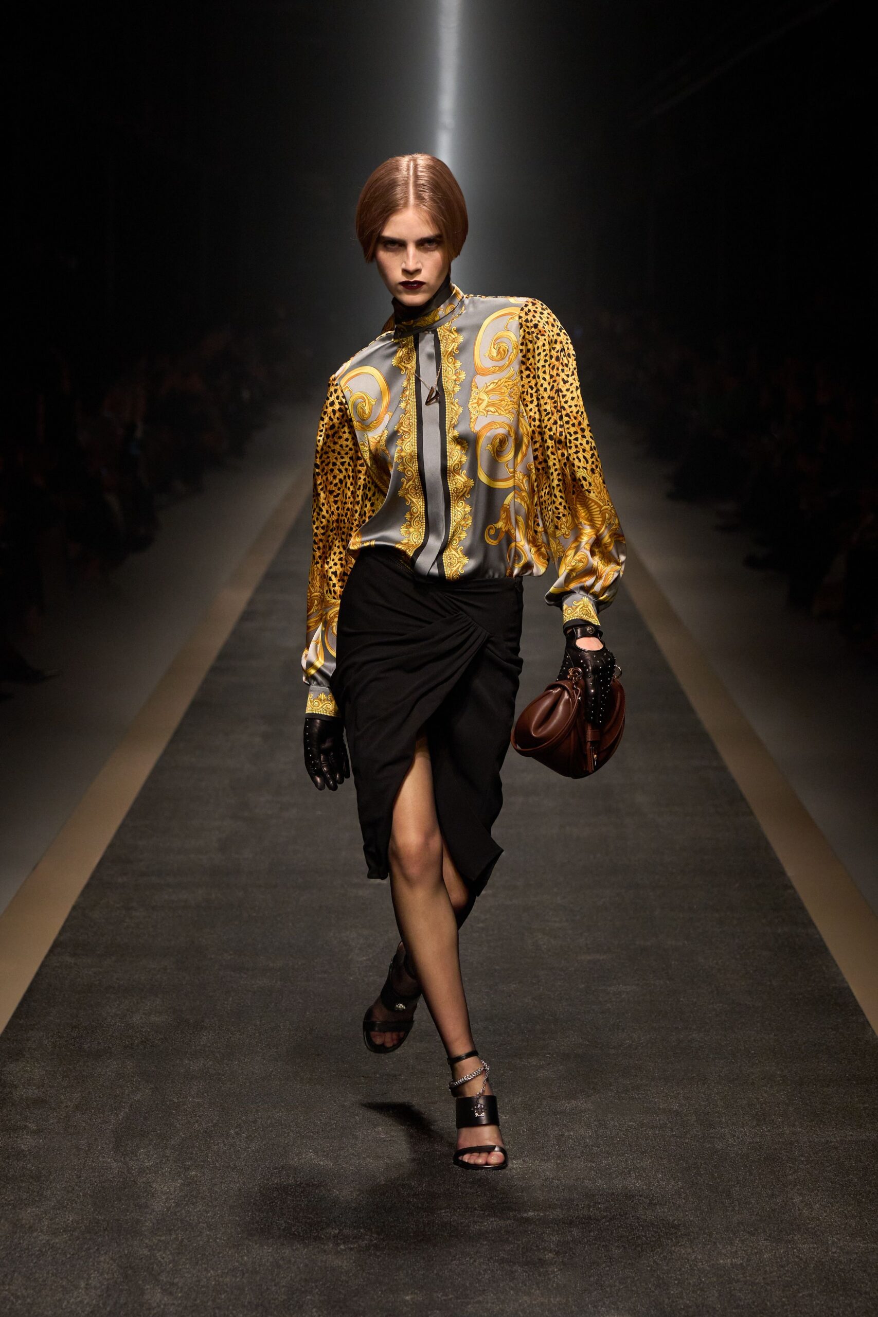 fitted black silk shirt and skirt