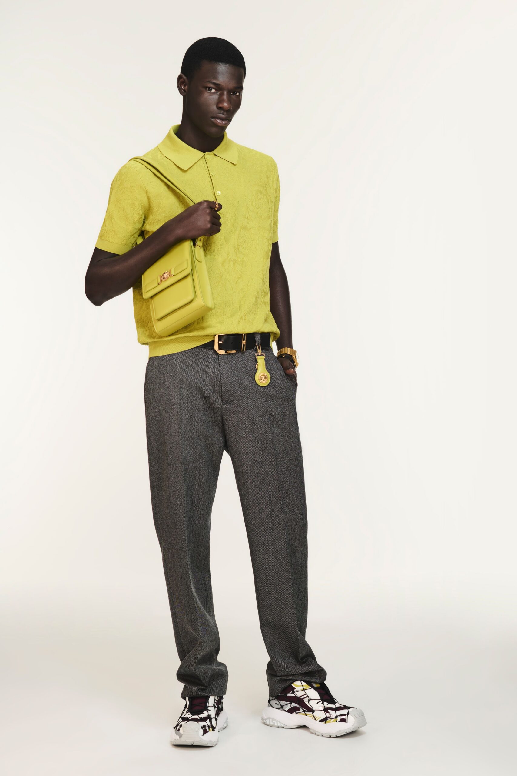 yellow embroidered top gray pants