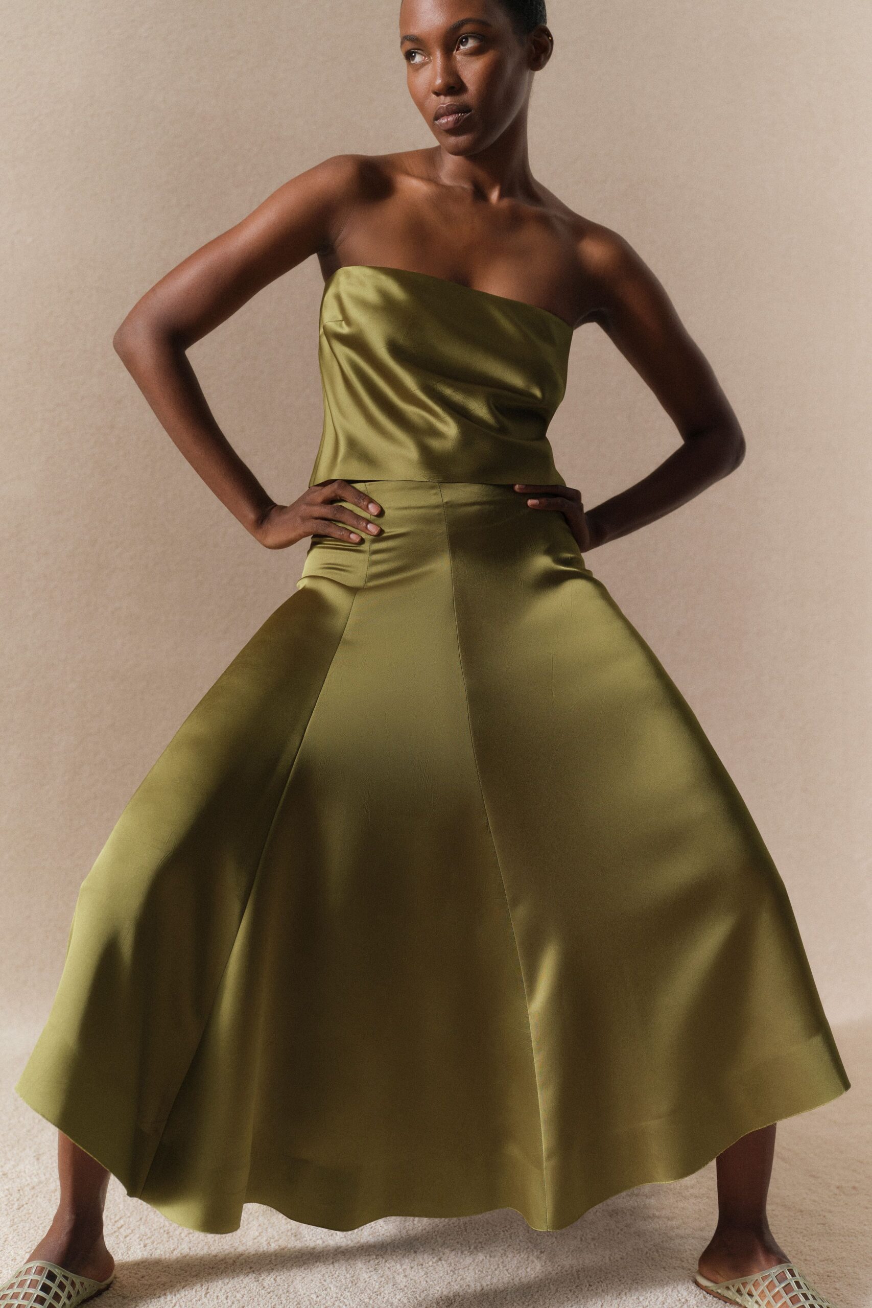 green silk strapless midi dress
