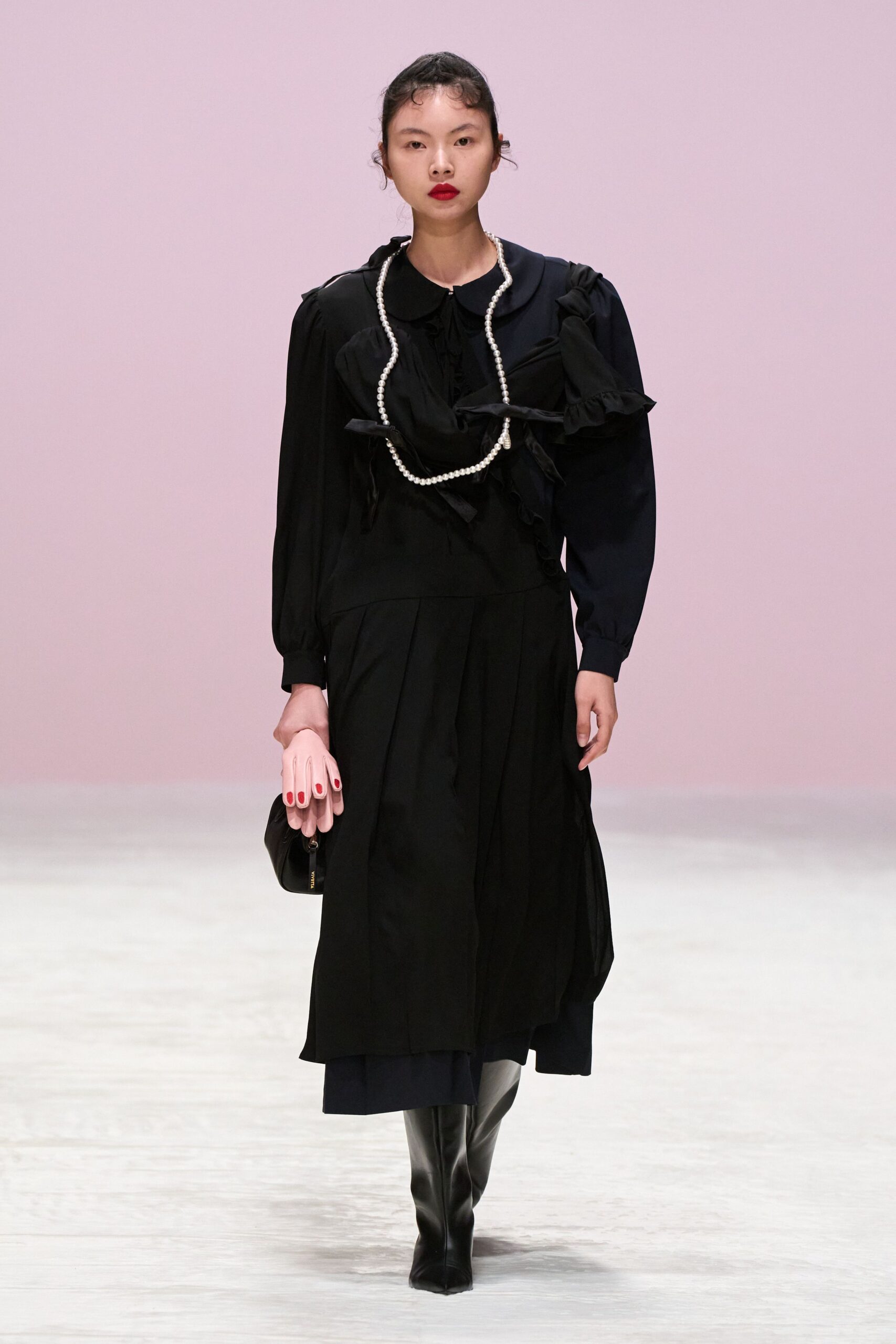 black silk long-sleeve collared fitted pleated ruffled dress